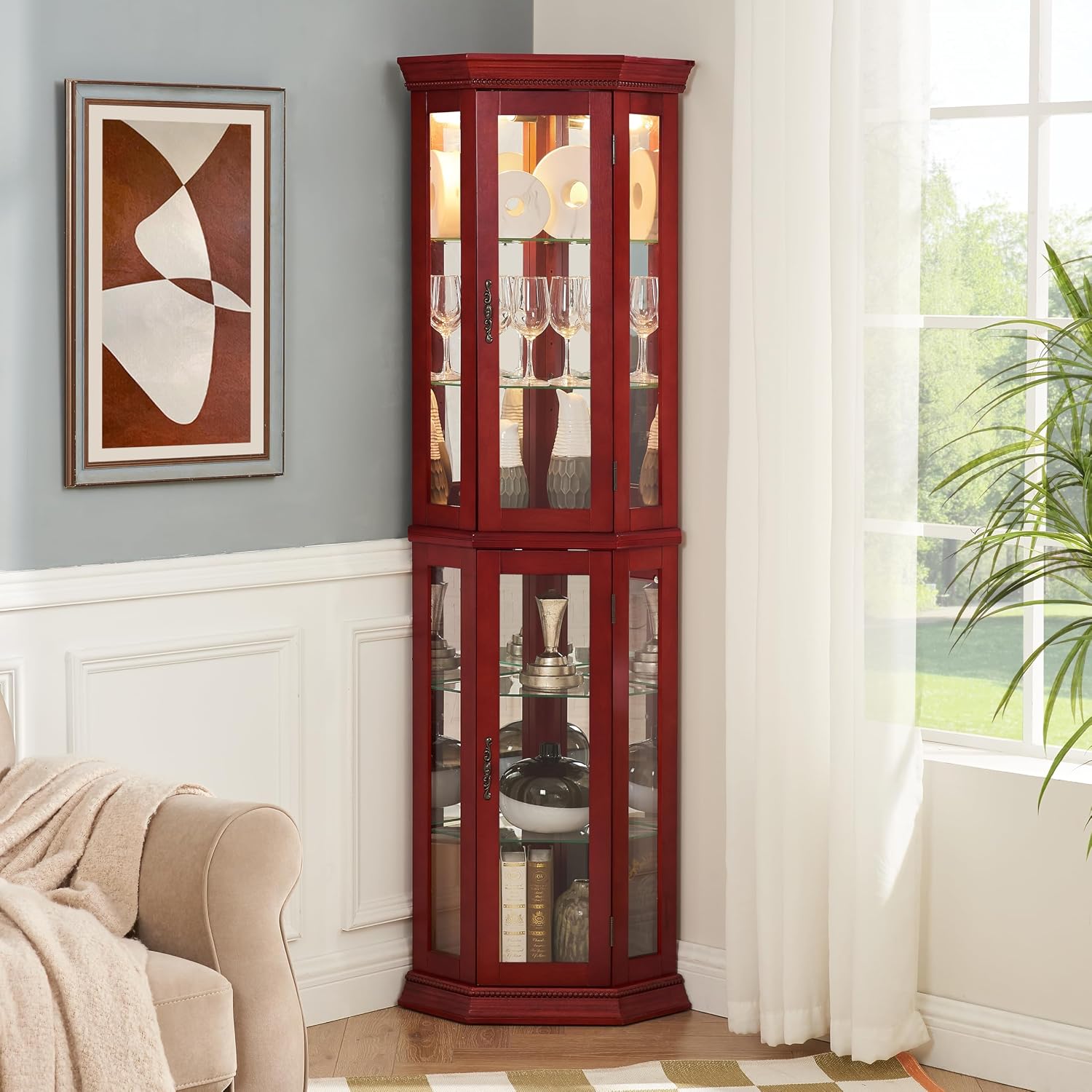 Ball & Cast 70' H Lighted Corner Curio Cabinet, Glass Display Cabinet with 6 Tempered Adjustable Glass Shelves and Doors,Include Light Bulb, Rack for Living Room,Cherry