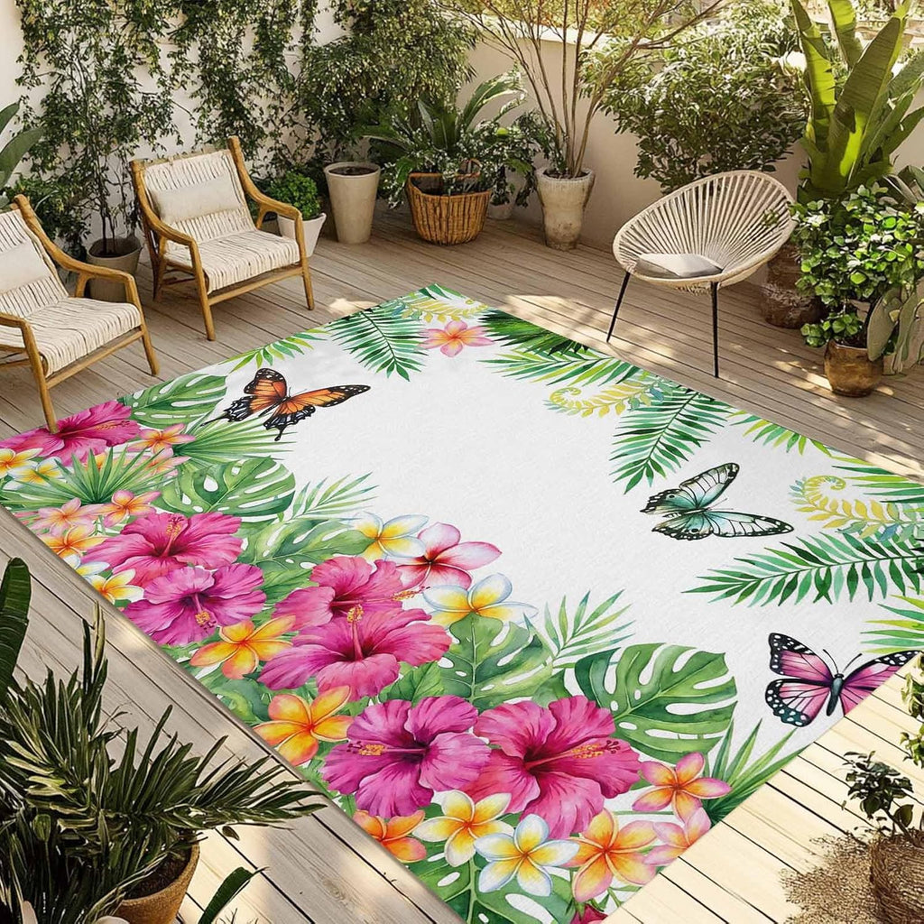Outdoor Rug 6x9ft Summer Flower Leaf Butterfly Patio Area Rugs Waterproof Easy Cleaning Non Shedding Thick Mats Pastoral Floral Plant Carpet for Indoor Outdoor Porch Deck Backyard Balcony