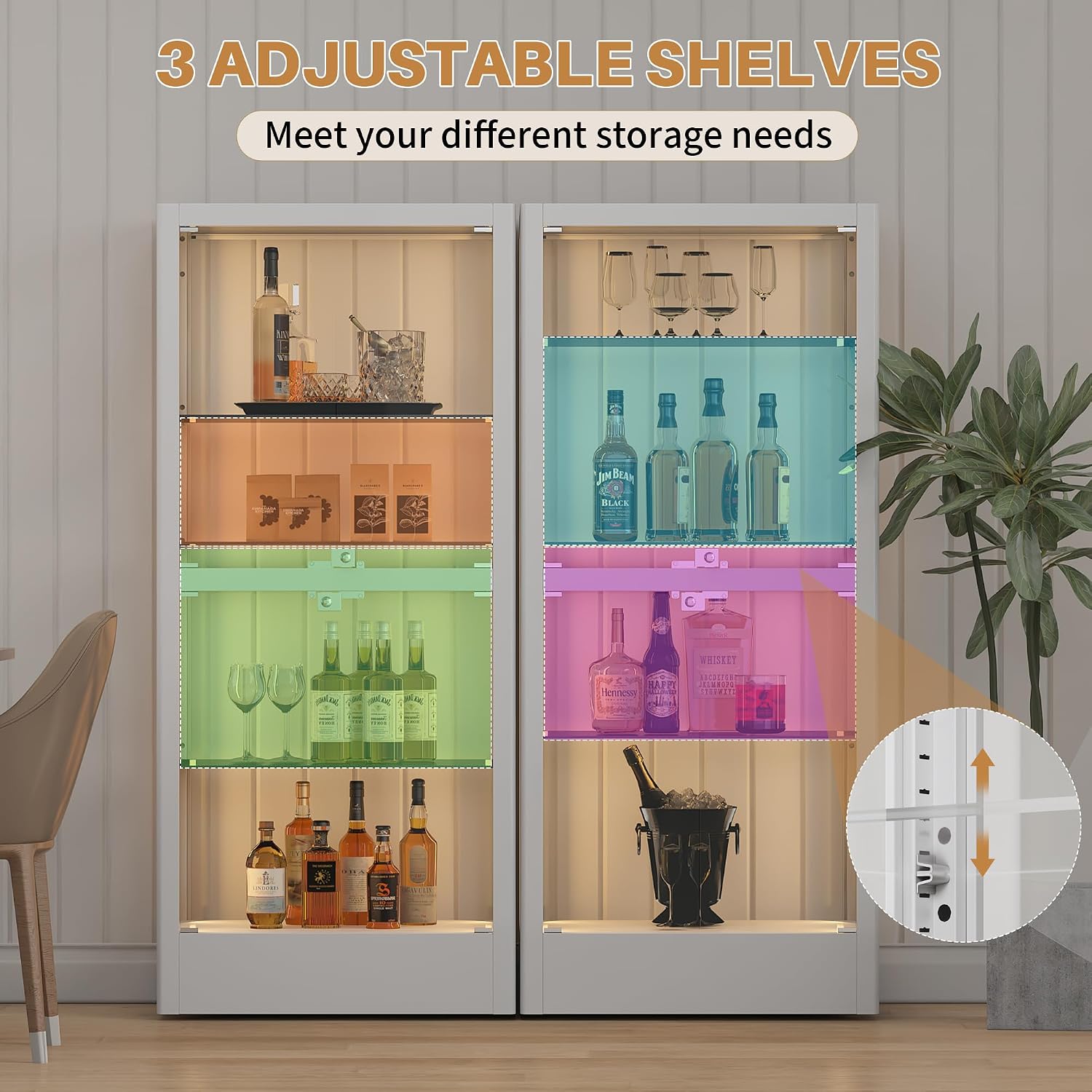 4-Sided Glass Display Cabinet with Lock & 13 Color Light, Lighted Curio Cabinet with Glass Door & Adjustable Shelves, Metal Display Case for Collectibles Figures Wine China, 28' W White