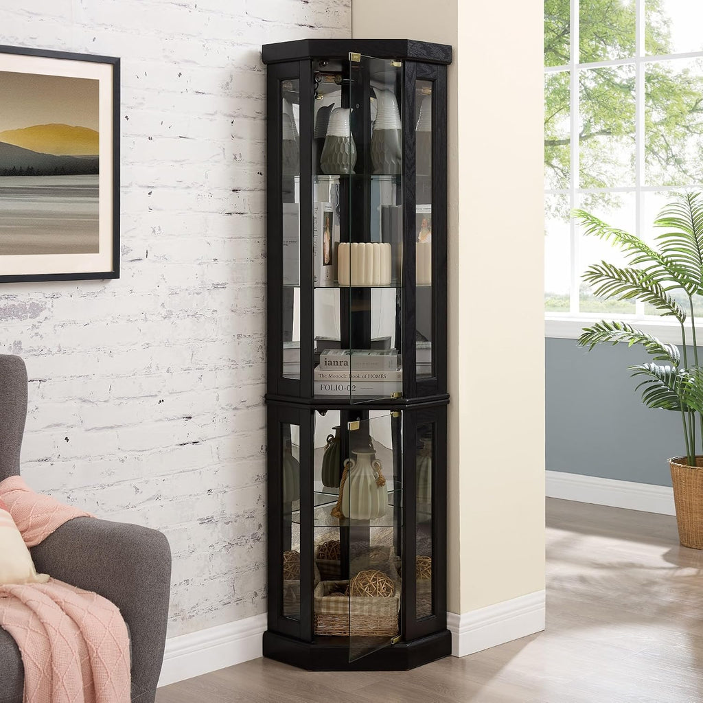Corner Curio Cabinet, 70' H Lighted Glass Display Cage with Tempered Glass Doors and Adjustable Shelves, Bulb Inclued, Wine Bar China Cabinet for Living Room Liquor Storage (Black)
