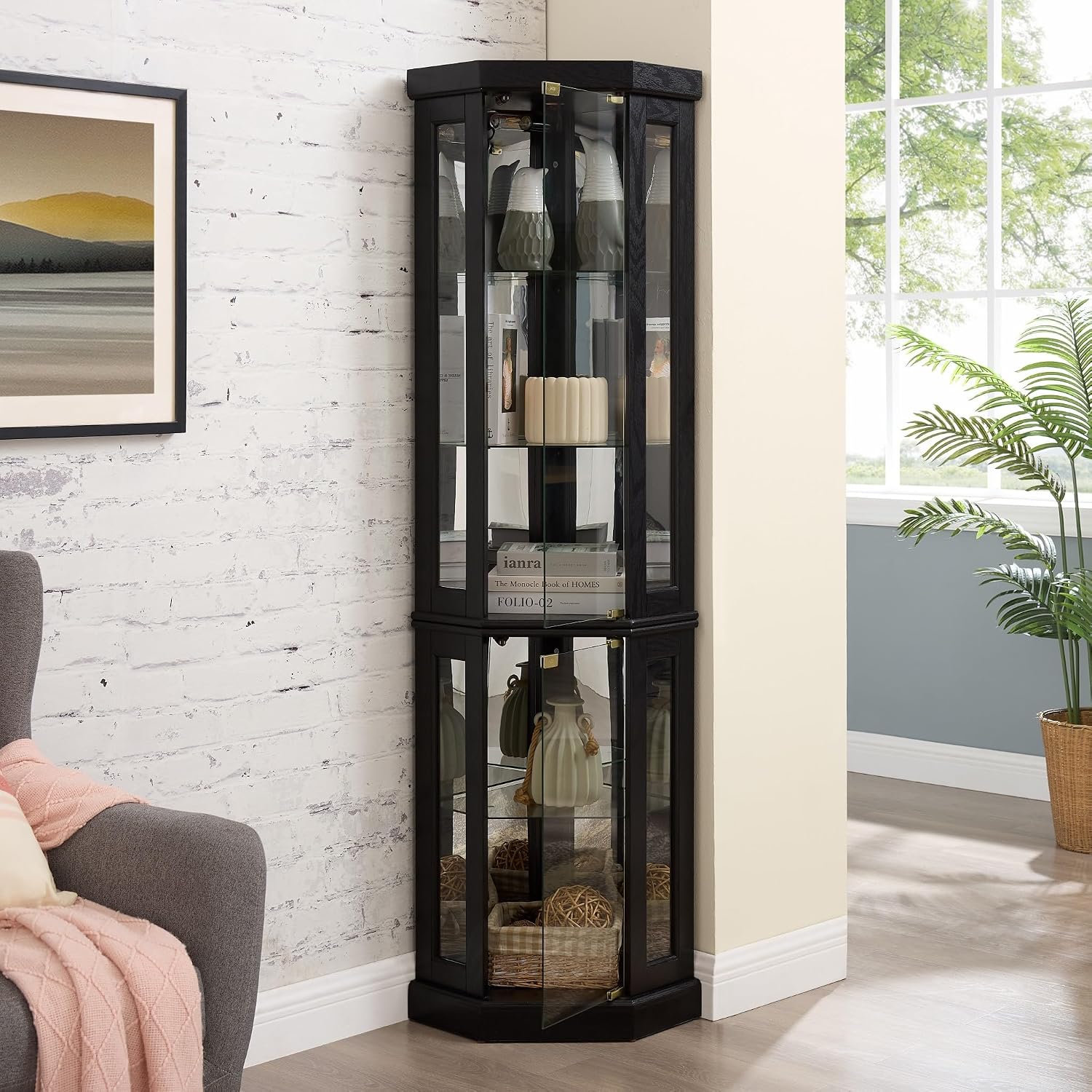 Corner Curio Cabinet, 70' H Lighted Glass Display Cage with Tempered Glass Doors and Adjustable Shelves, Bulb Inclued, Wine Bar China Cabinet for Living Room Liquor Storage (Black)
