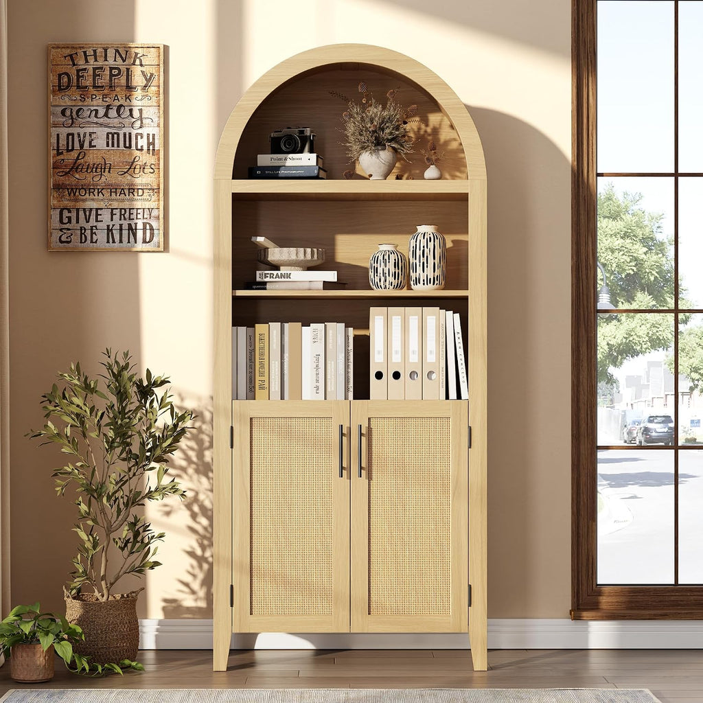 IDEALHOUSE Arched Kitchen Pantry Cabinet with Doors - 5-Tier Open Display Shelf with Rattan Decor, Farmhouse Storage Cabinet for Kitchen, Dining Room, Living Room, Natural