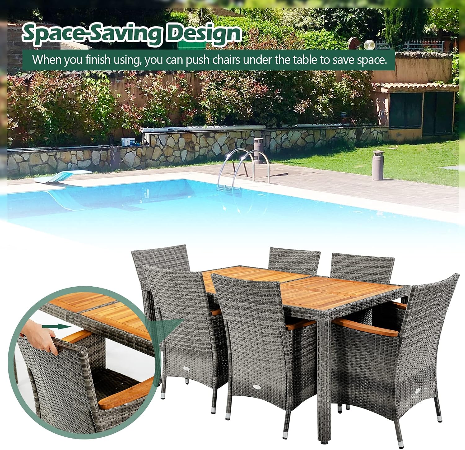 Tangkula 7 Pieces Outdoor Dining Furniture Set, Patio Rattan Conversation Set with Spacious Acacia Wood Table, 6 Chairs with Widened Armrests, Non-slip Foot Pads, Suitable for Backyard Poolside (Grey)