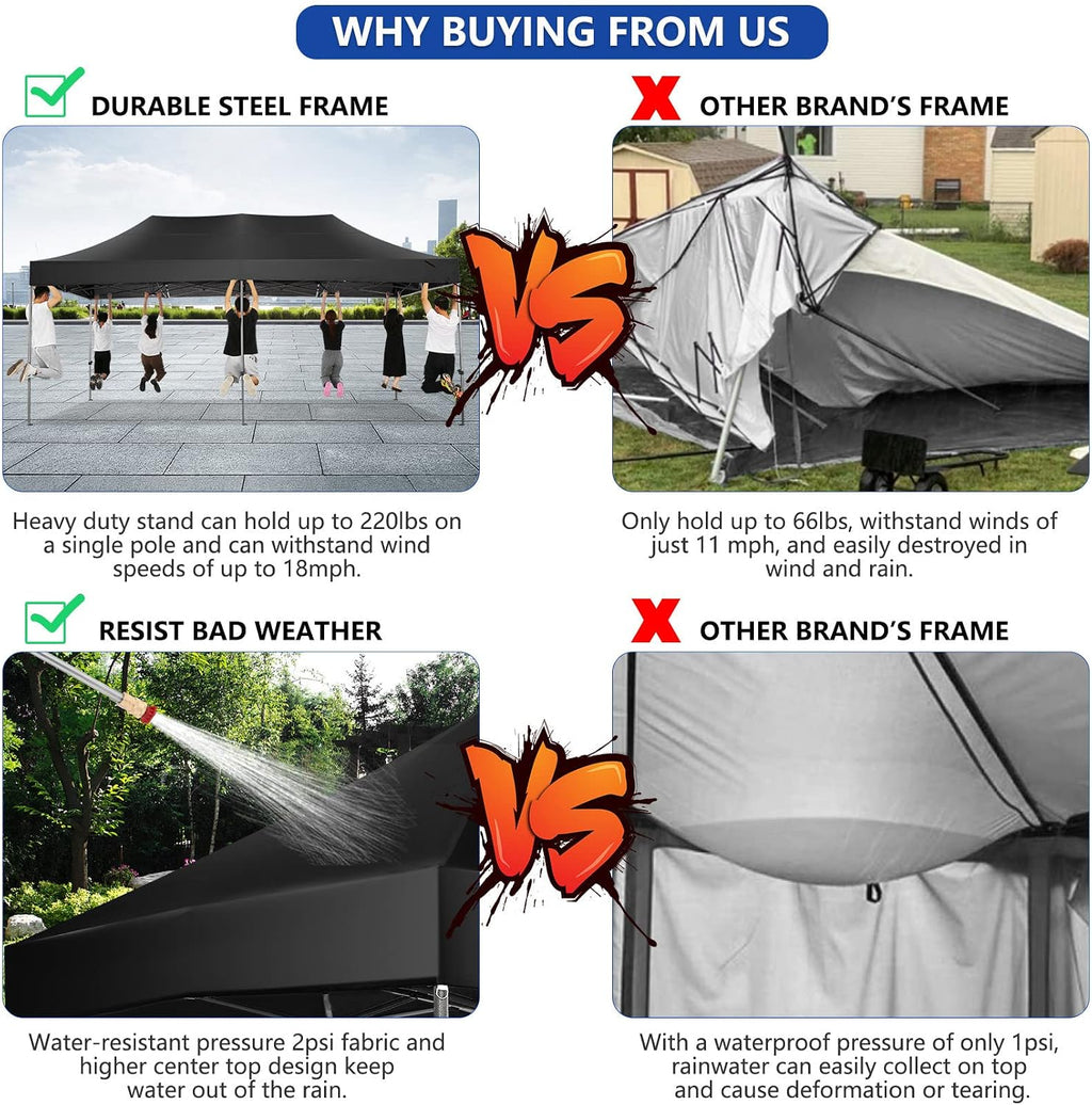 COBIZI Pop up Canopy Tent 10x20 Heavy Duty Gazebo with 6 Sidewalls, UPF 50+ All Weather Waterproof Commercial Outdoor Wedding Party Tents Canopy with Roller Bag, Black