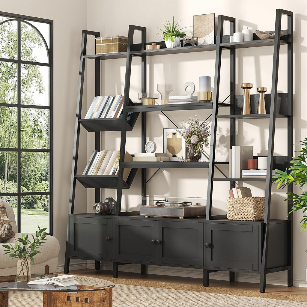 Nosepen Ladder Bookshelf with 4 Doors, 4 Tier Triple Width Large Open Storage Shelving, Industrial Style Capacity Home Office Bookcase with Adjustable Shelves, Display Cabinet Black