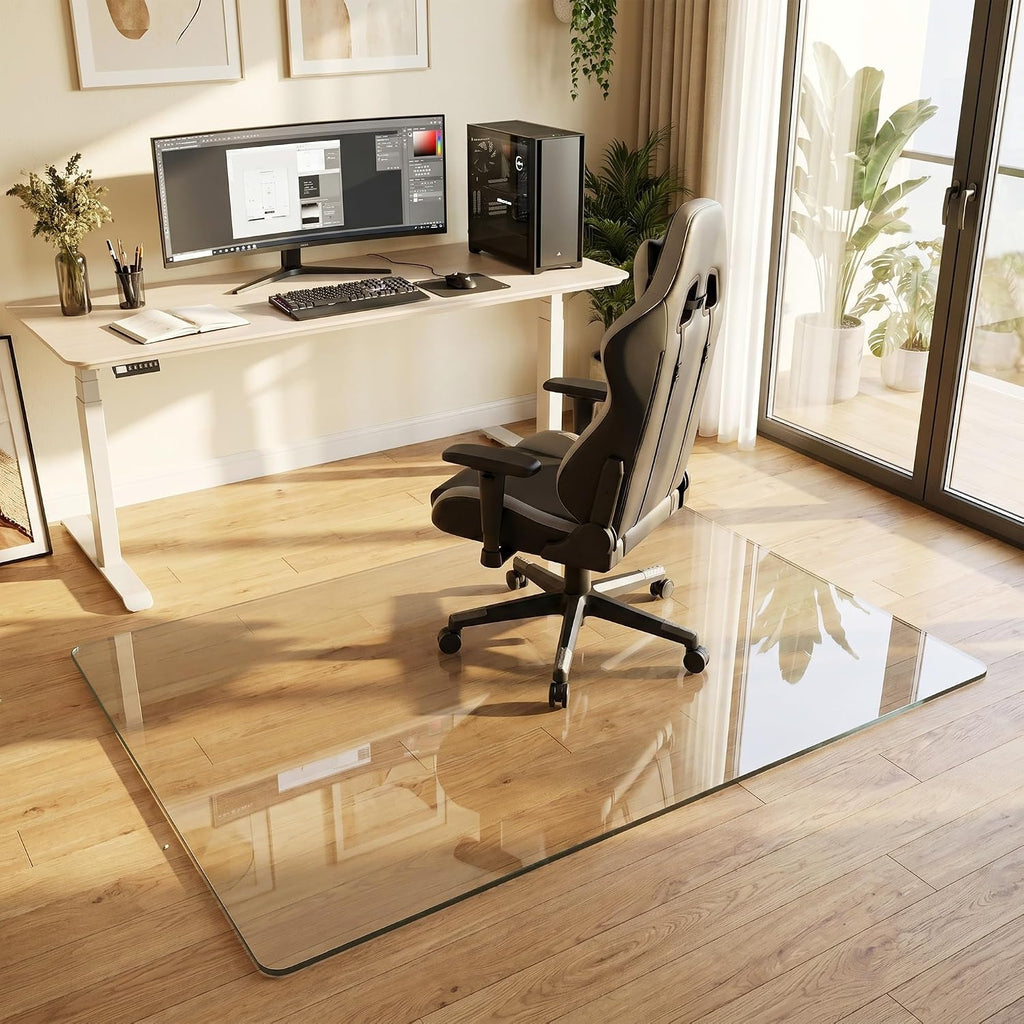 Tempered Glass Chair Mat for Hardwood Floor, 40' x 60' Heavy Duty Glass Office Chair Mat, for Low Pile Carpet, 0.2' Thick with 4 Non-Slip Pads, Smooth Rolling for Home & Office