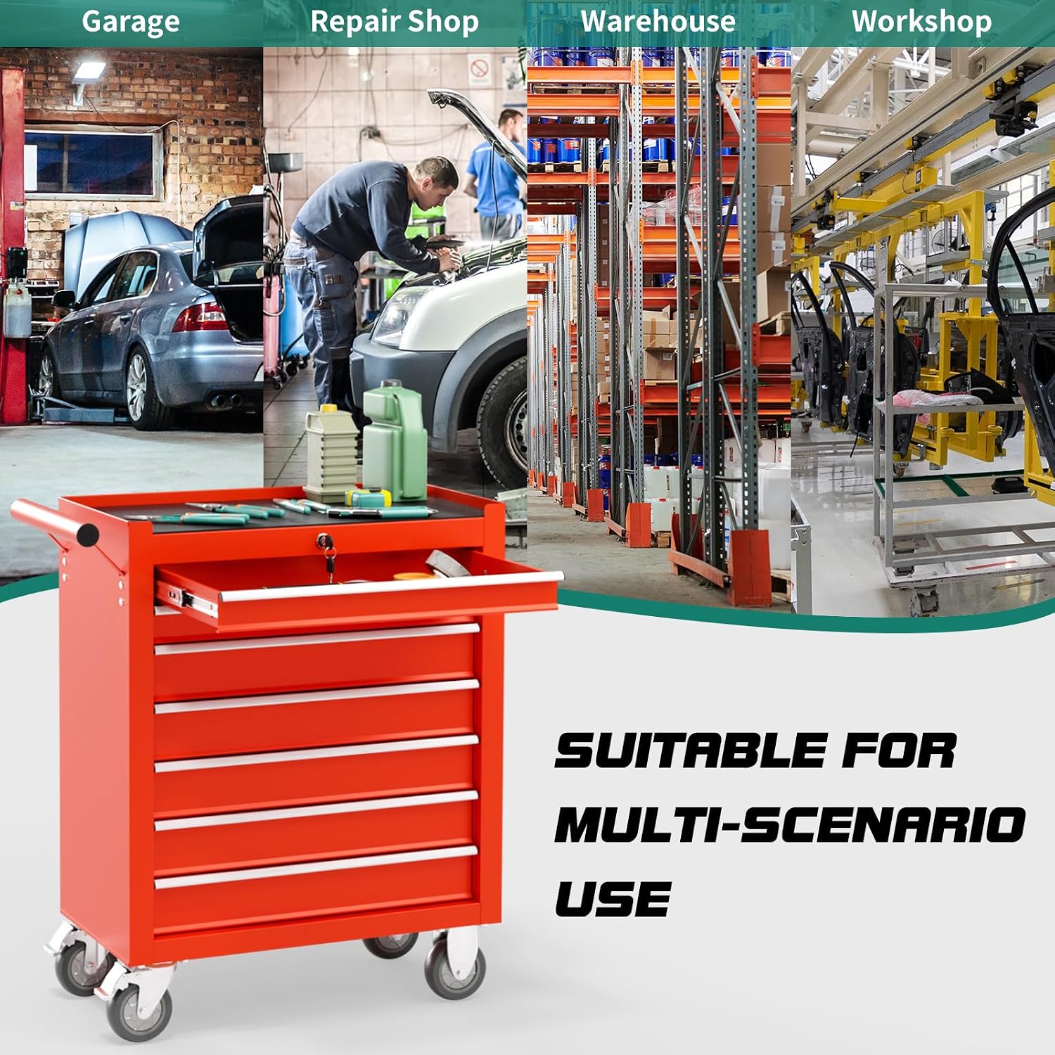 7-Drawer Rolling Tool Chest with Wheels, Tool Box with Locking System and Sliding Drawers, Tool Box Organizer for Garage, Warehouse, Workshop(Red)