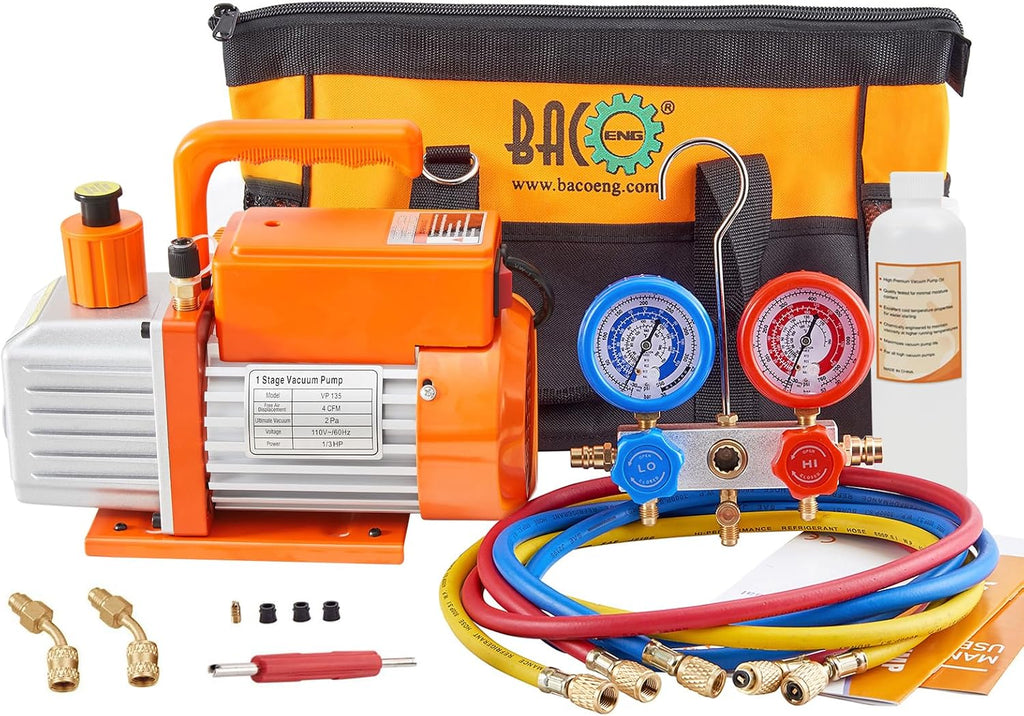 BACOENG R32 AC Vacuum Pump and Gauge Set, 4 CFM HVAC Vacuum Pump Kit for AUTO/Mini Split System, Sparkless Motor for R32 R410a R22 Refrigerants - w/ R410a Mini Split Adapter & 3x5FT Hoses