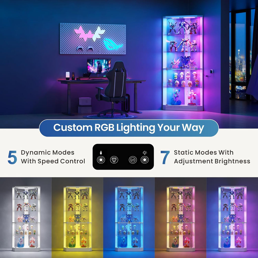 HNEBC Corner Display Case with - RGB Lights and Glass Shelves,5-Tier Corner Curio Cabinet with Glass Doors & Human Body Sensor,69' Showcase Display Cabinet for Collectibles,Living Room(White)
