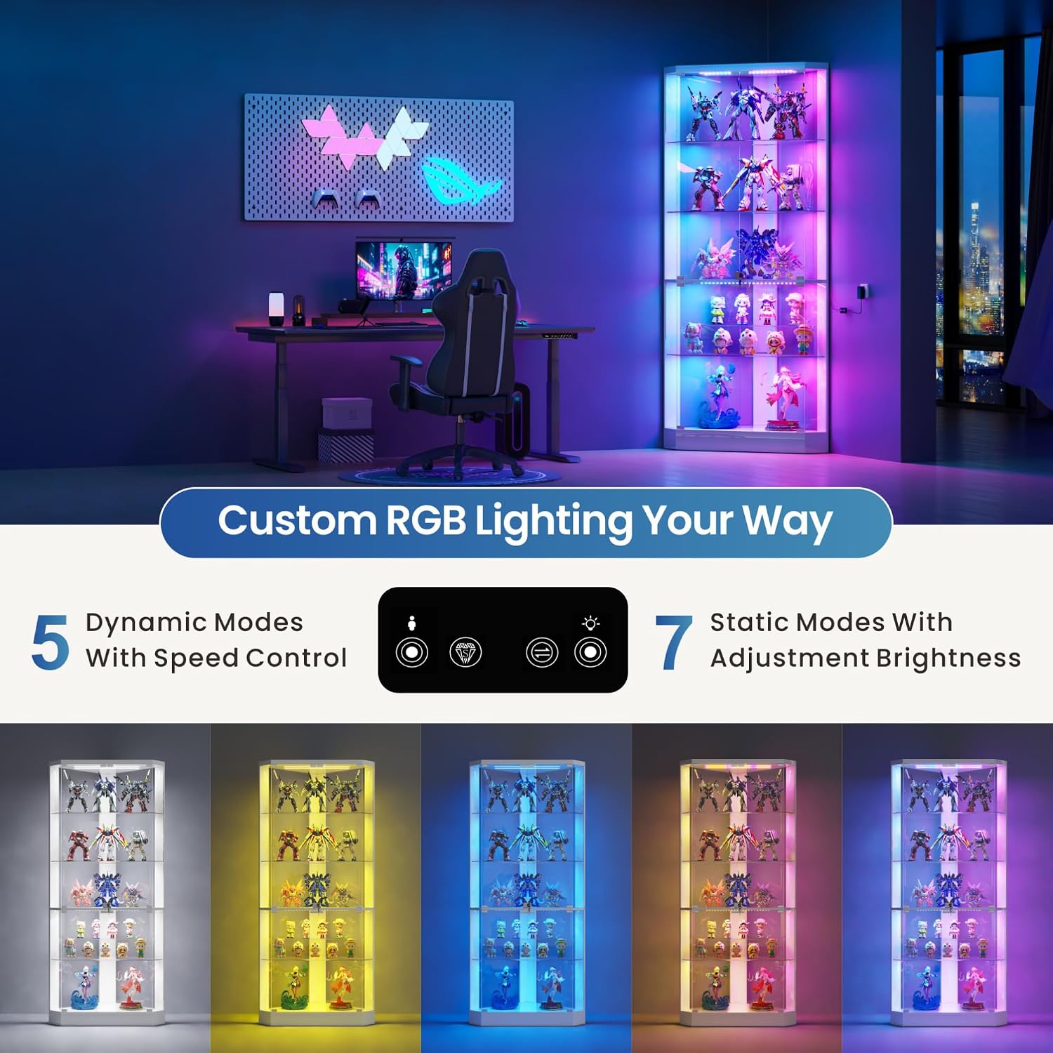 HNEBC Corner Display Case with - RGB Lights and Glass Shelves,5-Tier Corner Curio Cabinet with Glass Doors & Human Body Sensor,69' Showcase Display Cabinet for Collectibles,Living Room(White)