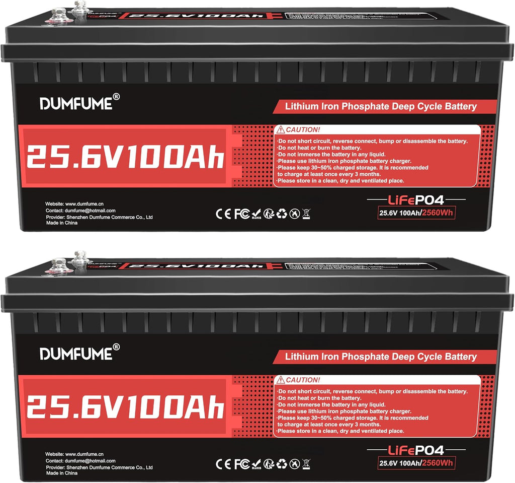 2 Pack 24V 100Ah LiFePO4 Lithium Battery, Built-in 100A BMS, 2560W Power Output, Up to 15000 Cycles, Ideal for RV, and Solar Off-Grid Systems