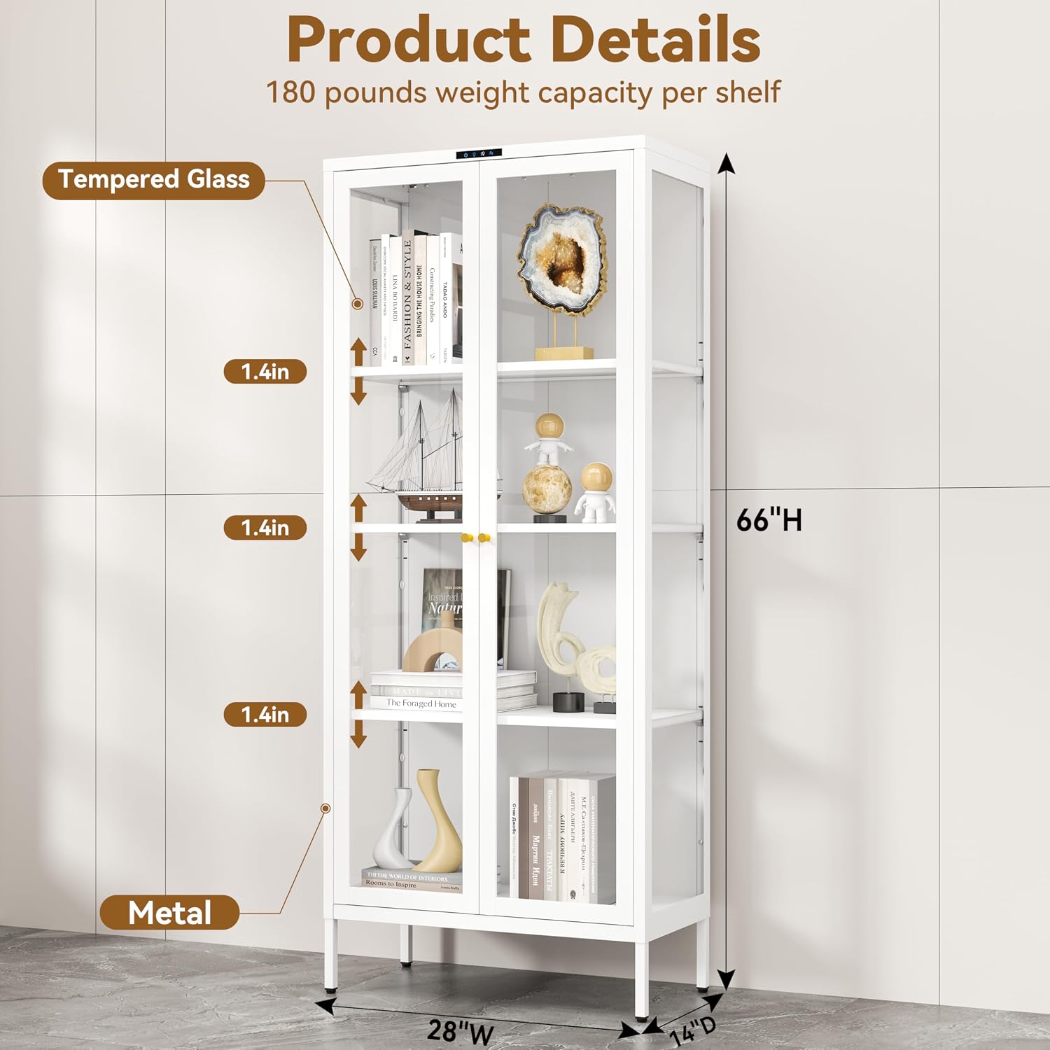 Polup Glass Display Cabinet with Glass Doors, Metal Curio Cabinet with 8-Color LED Lights, 66 Inch Tall Display Case for Collectibles, White Glass Cabinet for Living Room, Assembly Required