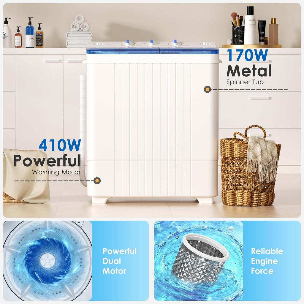 INTERGREAT Portable Washing Machine, 28lbs Compact Twin Tub Washer (18lbs) and Dryer (10lbs) Combo with Timer Knobs, Mini Laundry Washer for Apartments, Dorm, RV, Camping, Blue