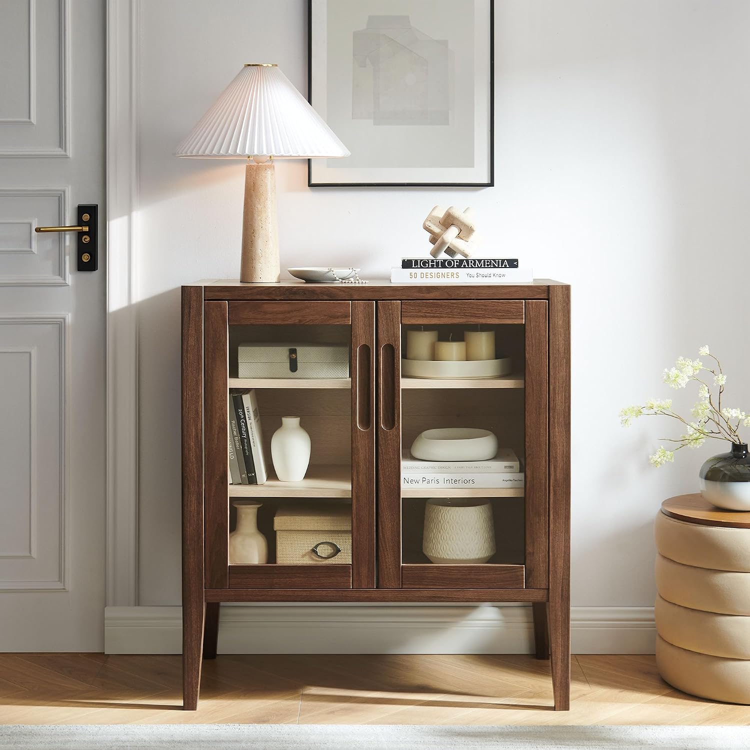 Modway Nell 36 Inch Accent Storage Cabinet in Walnut – Tea/Coffee Small Buffet Cabinet with Shelves for Living Room, Hallway, or Entryway