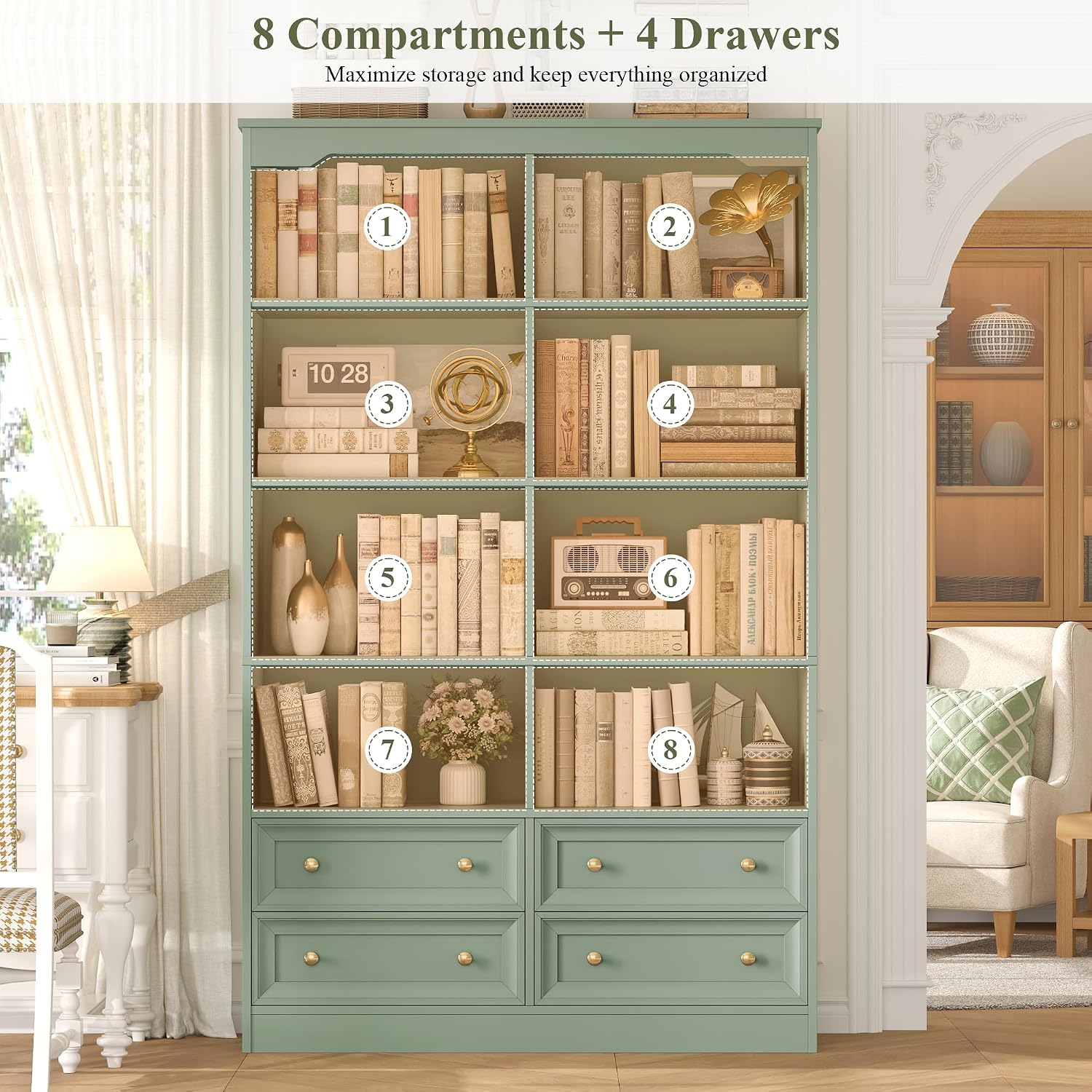 FINETONES 71' Tall Bookshelf with 4 Drawers, 6-Tier Double Wide Bookshelves and Bookcases with Storage, Green Bookshelf Large Open Bookshelves Standing Book Cabinet for Home Office