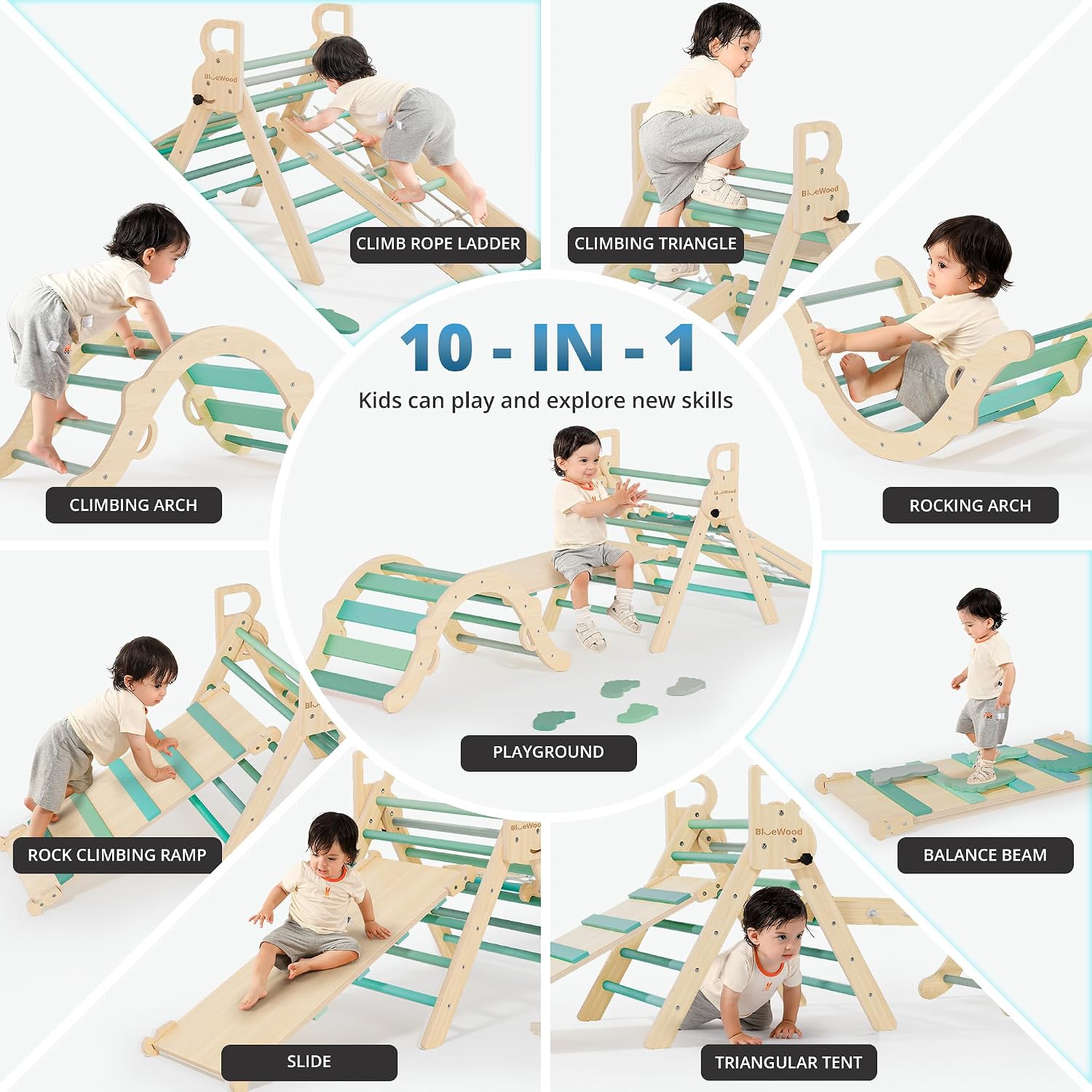 BlueWood 10-in-1 Pikler Triangle Set, Toddler Climbing Toys Indoor, Montessori Climber, Baby Jungle Gyms with Arch, Extra Rope Ladder & Footprint Balance Beam - Emerald Forest