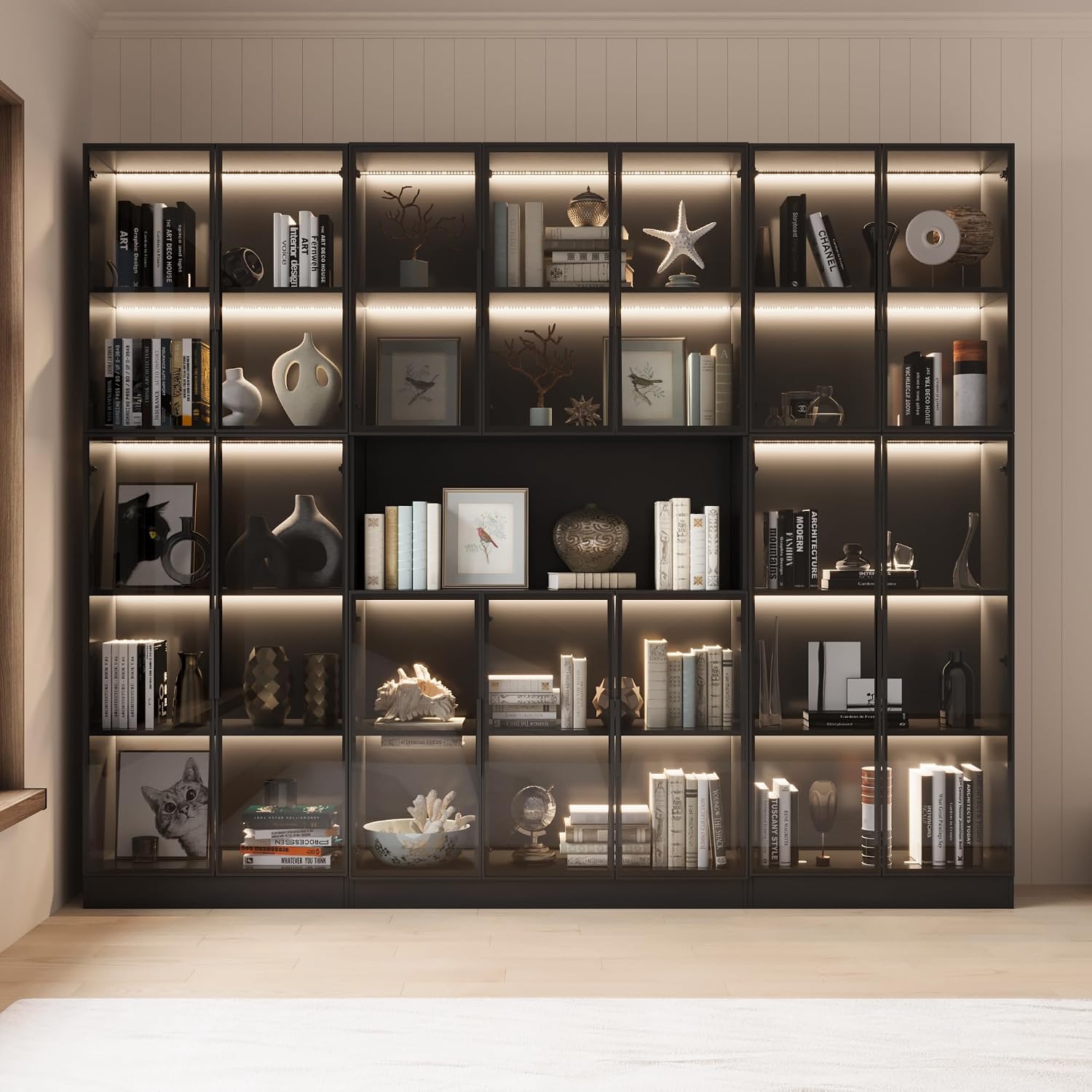 Mekminop Bookcase with Glass Doors and RGB Led Lights, Combination Display Cabinet with 19 Shelves, Modern Glass Display Case Set of 3, Black