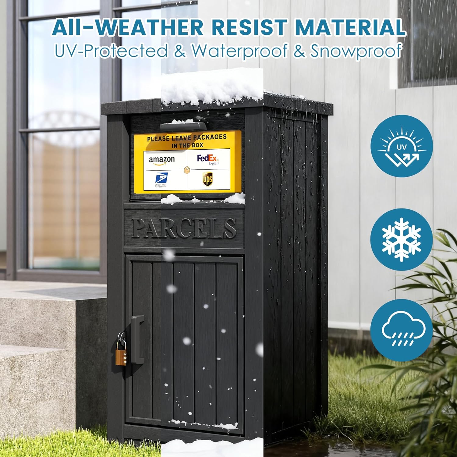 Package Delivery Box for Outside, Large Lockable & Weatherproof Anti-Theft Parcel Drop Box for Porch, Curbside, House Storage, Black(60 Gallon with Sign)