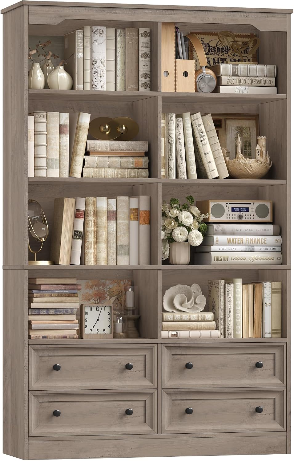 FINETONES 71' Tall Bookshelf with 4 Drawers, 6-Tier Double Wide Bookshelves and Bookcases with Storage, Ash Grey Bookshelf Large Open Bookshelves Standing Book Cabinet for Home Office