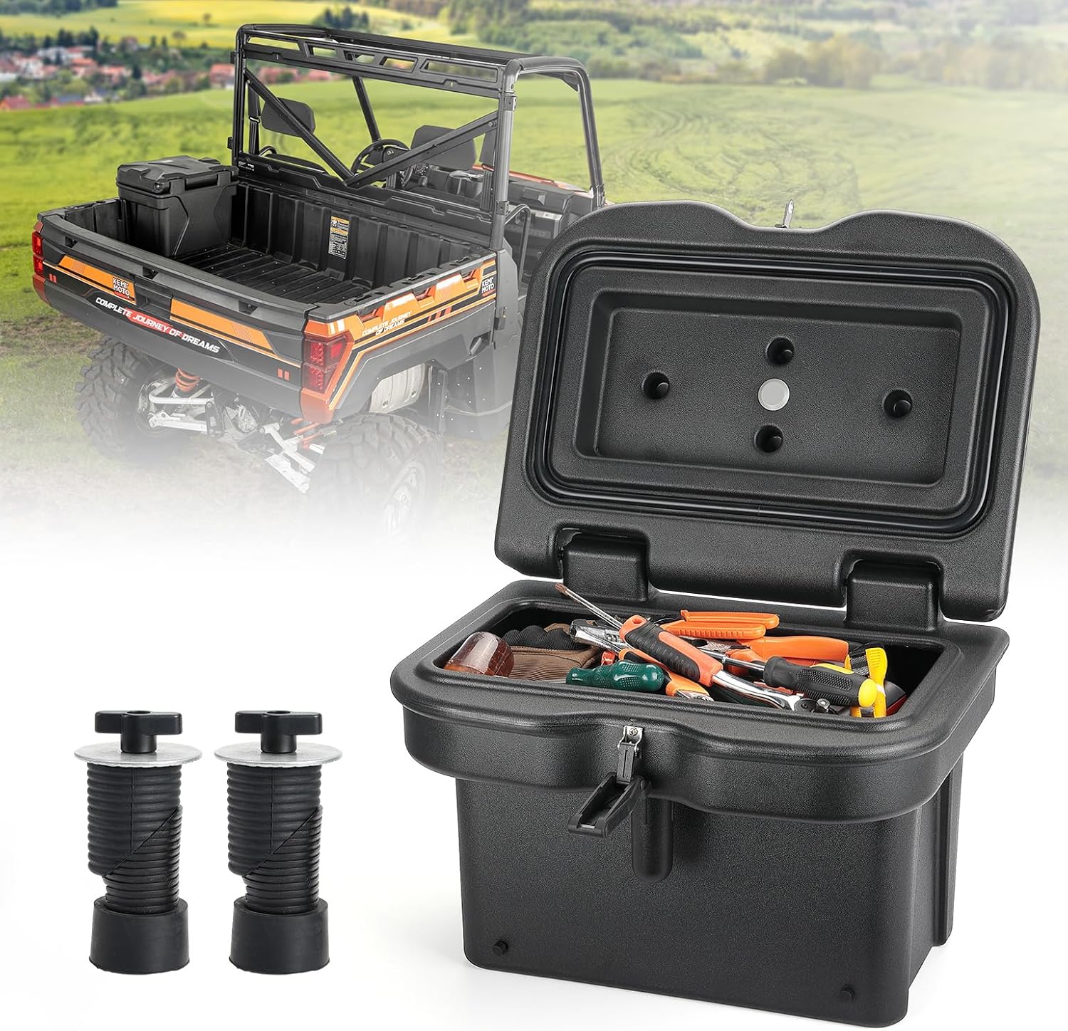 KEMIMOTO UPGRADED Anti-Theft Bed Storage Box 5.5GAL Compatible with Polaris Ranger 1000 XP 900 800 700 570 500 (2013-2026), Polaris General 1000 Cargo Box Hard 21L Bed Toolbox Bed Accessories