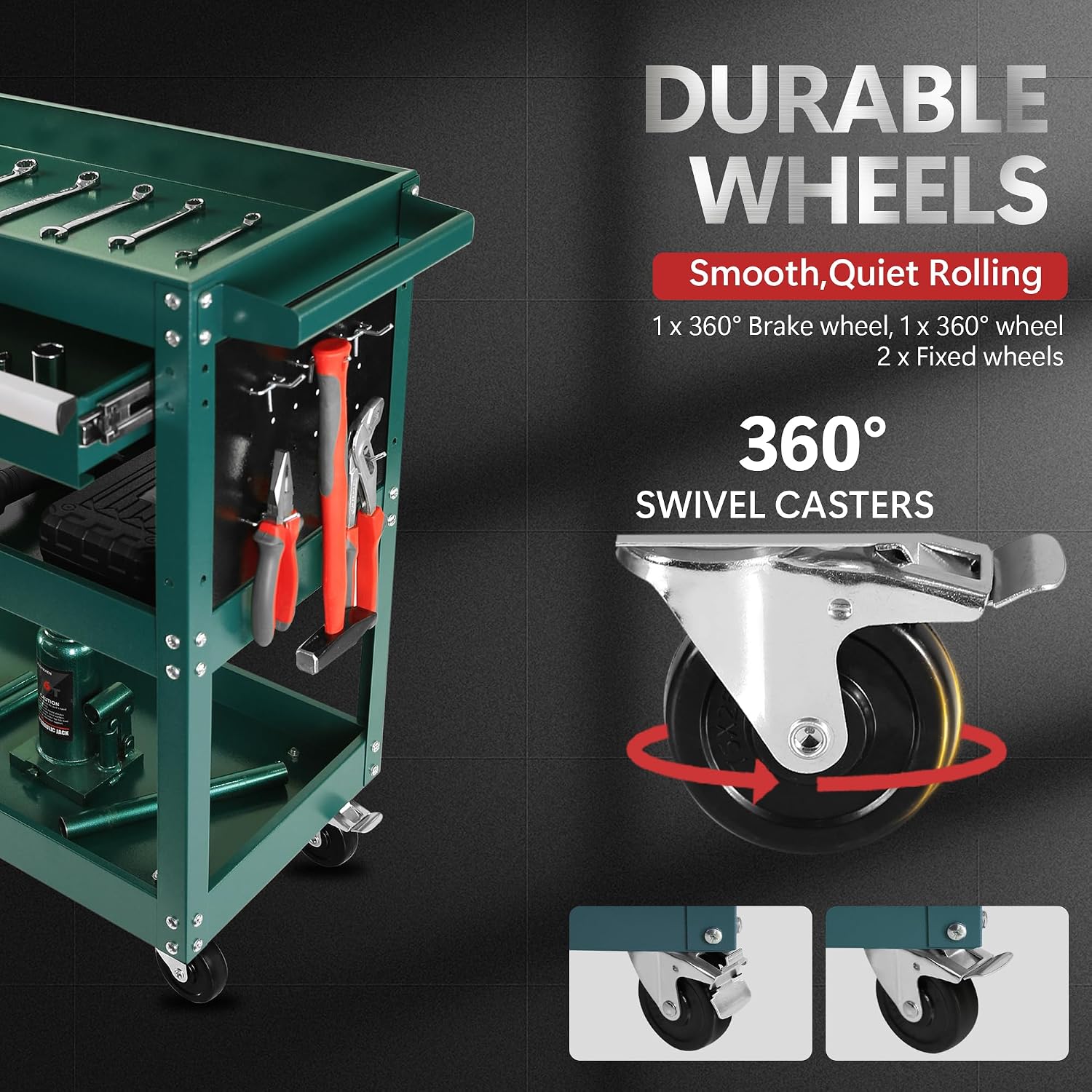 3 Tier Rolling Tool Cart, Heavy Duty Utility Cart Tool Organizer with Storage Drawer, Industrial Commercial Service Tool Cart for Mechanics, Garage, Warehouse & Repair Shop