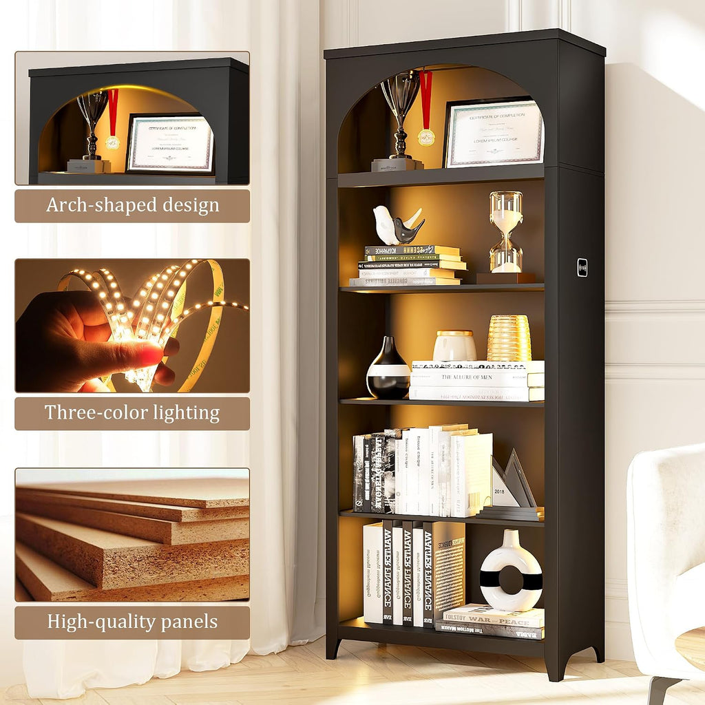 5-Tier Wooden Bookshelf with LED Lights, 70 Inch Tall Bookshelf with Storage, Floor Standing Modern Style Display Bookcase for Living Room, Office, Study Room, Entryway - Black