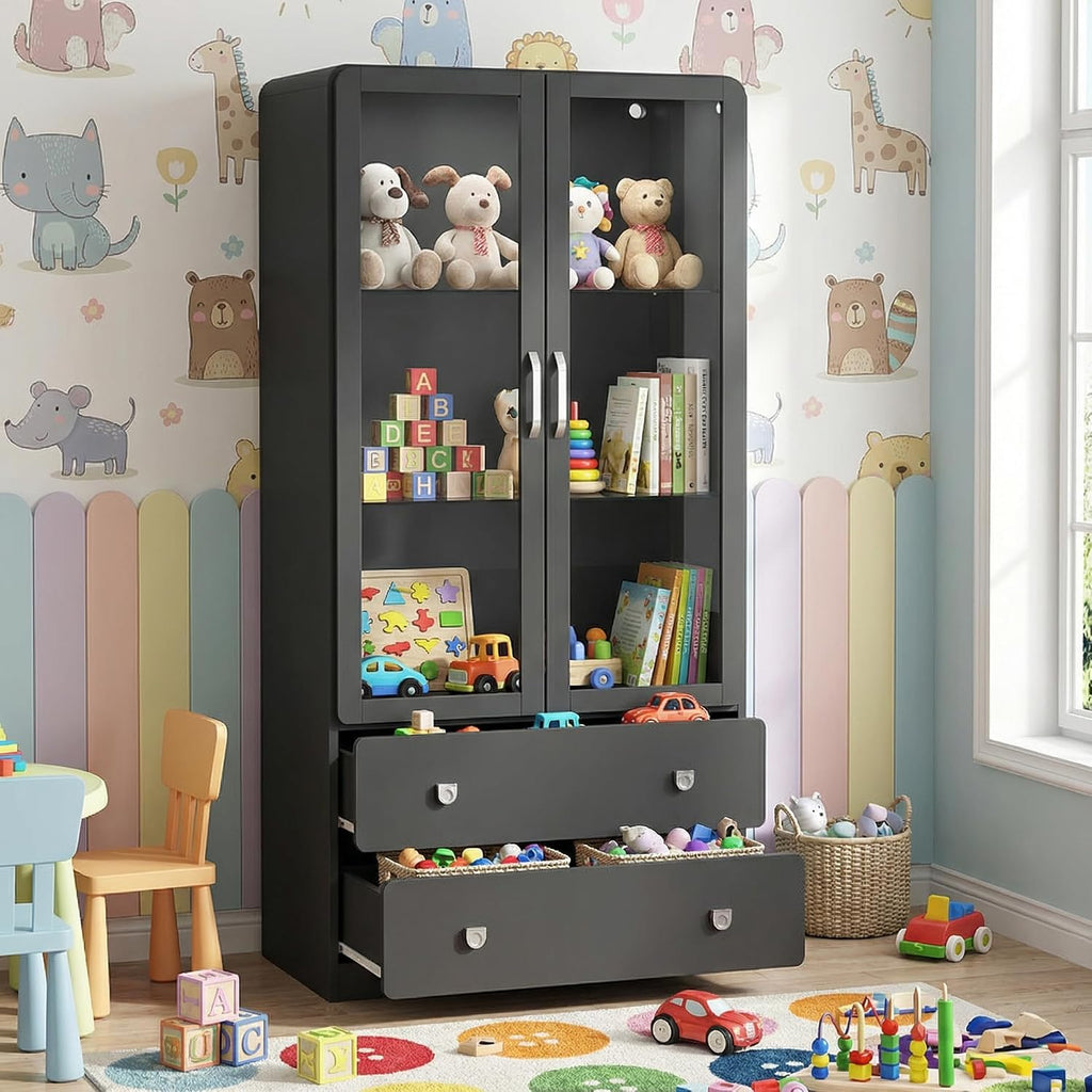 RoyalCraft 64' Tall Display Cabinet with 2 Storage Drawers and Acrylic Doors, Wooden Frame Curio Cabinet with LED Lights, 3-Tier Adjustable Glass Display Case for Collectibles, Living Room, Black