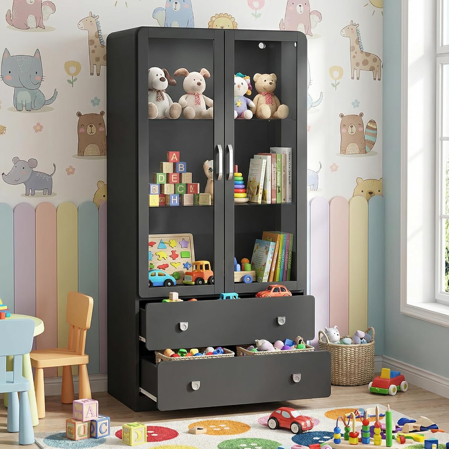 RoyalCraft 64' Tall Display Cabinet with 2 Storage Drawers and Acrylic Doors, Wooden Frame Curio Cabinet with LED Lights, 3-Tier Adjustable Glass Display Case for Collectibles, Living Room, Black