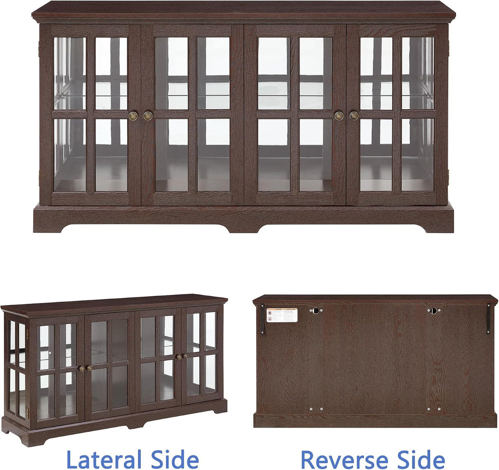 4 Door Curio Display Cabinet w/LED Light & Adjustable Shelves,59' Multipurpose Tableware Display Sideboard w/Mirrored Back Pane,Glass Storage TV Stand for Kitchen & Living Room (Cherry)