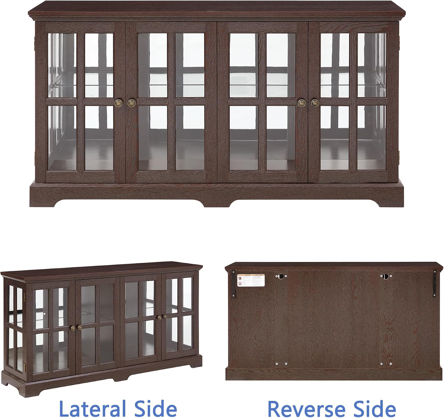 4 Door Curio Display Cabinet w/LED Light & Adjustable Shelves,59' Multipurpose Tableware Display Sideboard w/Mirrored Back Pane,Glass Storage TV Stand for Kitchen & Living Room (Cherry)