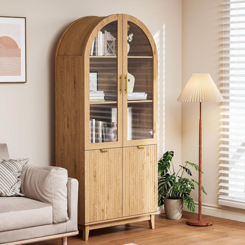 Pamapic 71' Tall Arched Cabinet, Fluted Kitchen Pantry with Glass Doors & Adjustable Shelves, Arch Storage Cabinet, Wooden Pantry for Dining Room, Living Room (Natural)