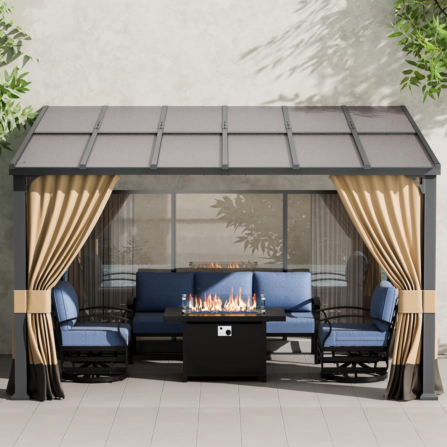 ALAULM 10'x 12' Outdoor Hardtop Pergola,Wall Mounted Lean to Gazebo with Curtains and Netting,Galvanized Metal Frame,Sunshade for Patio, Backyard, Deck and Lawns-Sand