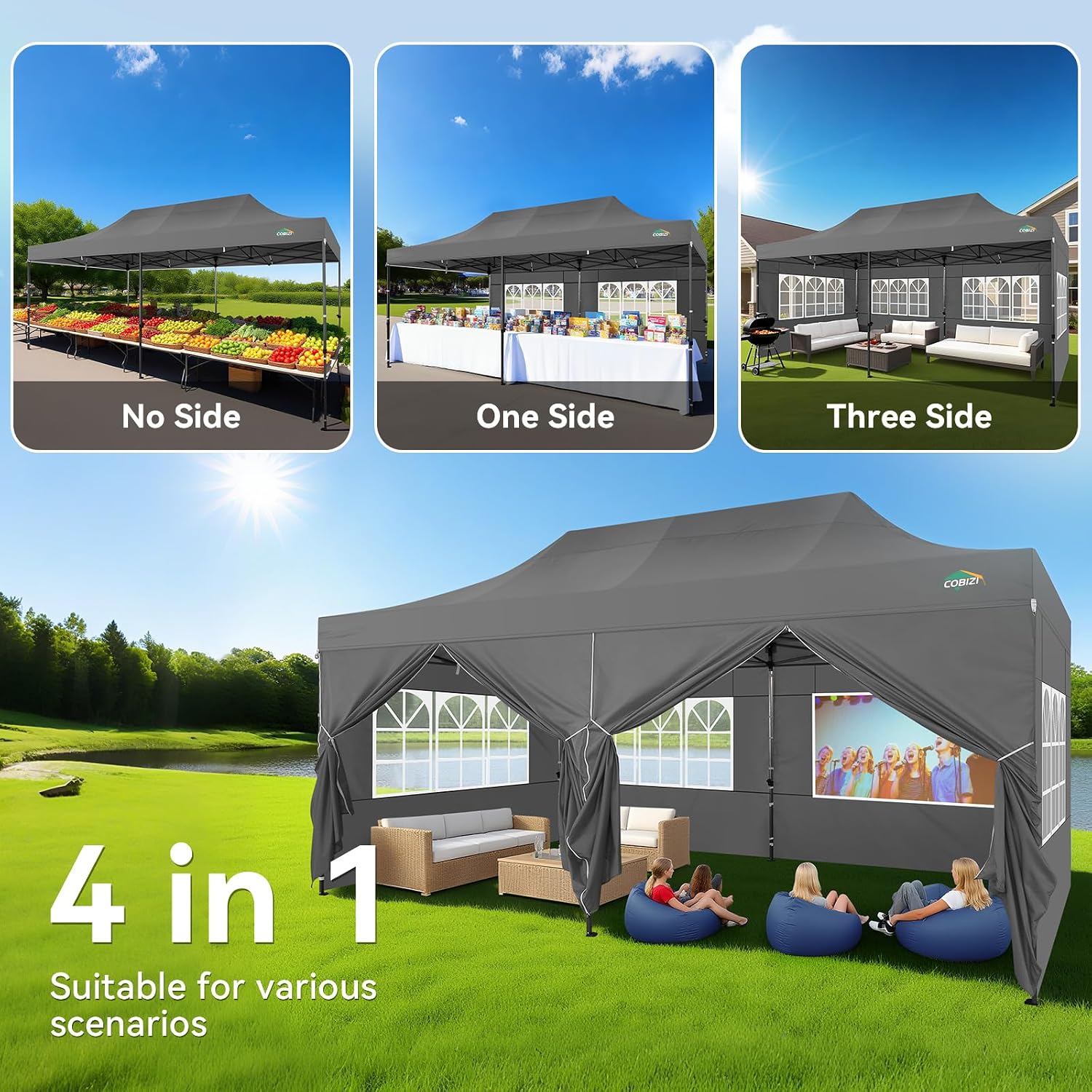 COBIZI 10x20 Pop up Canopy Tent Heavy Duty with 6 Sidewalls, Easy Set-up Commercial Outdoor Party Tents, 100% Waterproof Wedding Gazebo, 3 Height Adjustable with Wheeled Bag,Gray