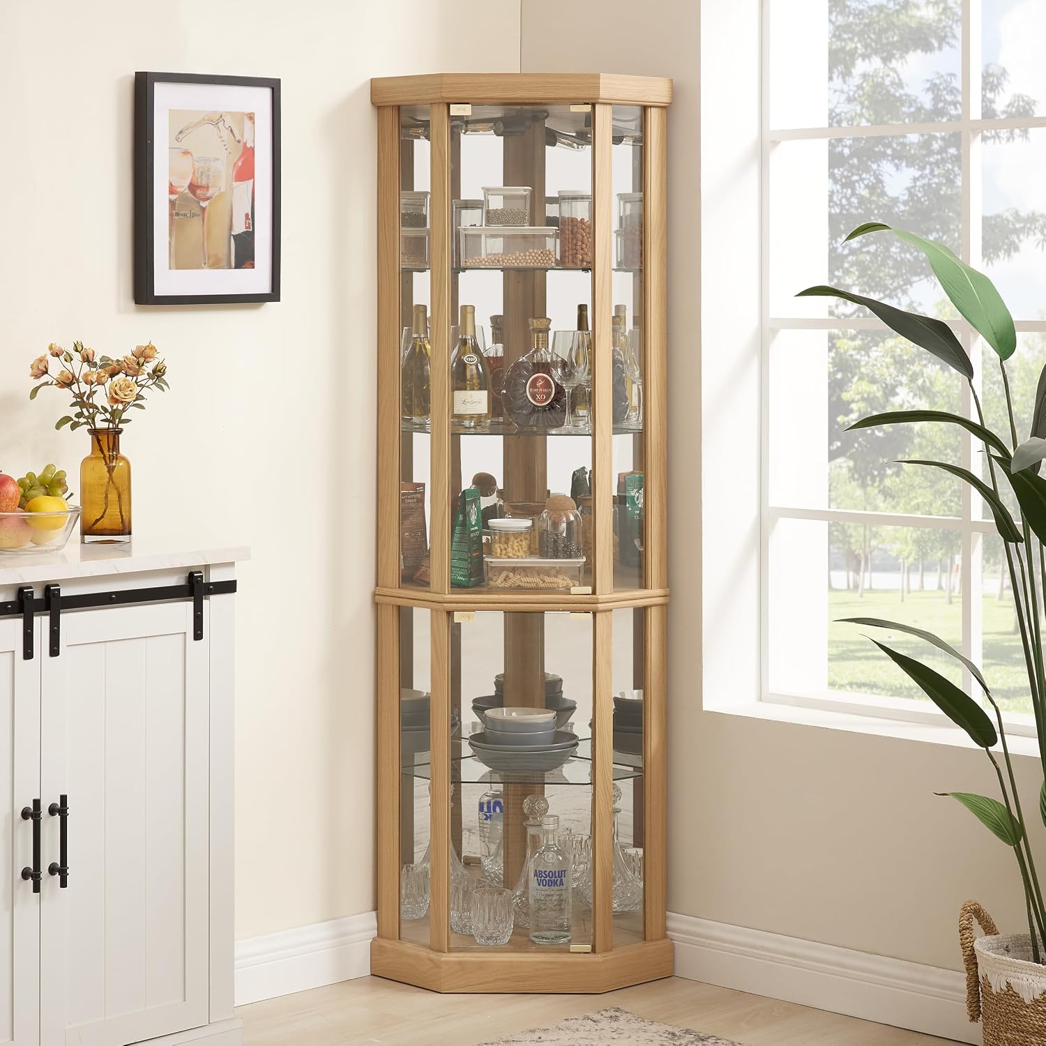 Ball & Cast 70' H Lighted Corner Curio Cabinet, Glass Display Cabinet with 5 Tempered Adjustable Glass Shelves and Doors,Include Light Bulb, Rack for Living Room,Light Oak