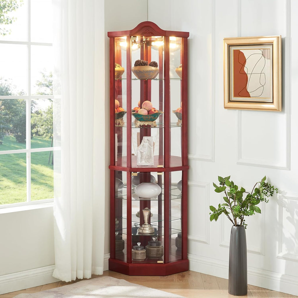 Ball & Cast 72' H Lighted Corner Curio Cabinet with Curved Top Carving,Glass Display Cabinet with 6 Tempered Adjustable Glass Shelves and Doors,Light Bulb Included, Rack for Liquor Storage,Cherry