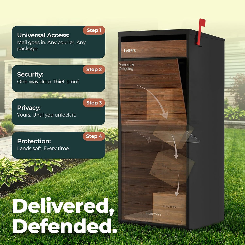 Cali USPS Compatible Mailbox, Snow White/Oak Package Mailbox, Anti-Theft Locking Parcel Drop Box for Porch Or Curbside, Large Mailbox for Packages, Weather-Sealed Powder Coated Steel