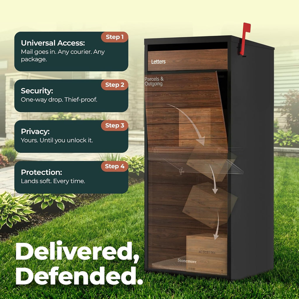 Cali USPS Compatible Mailbox, Classic Black Package Mailbox, Anti-Theft Locking Parcel Drop Box for Porch Or Curbside, Large Mailbox for Packages, Weather-Sealed Powder Coated Steel