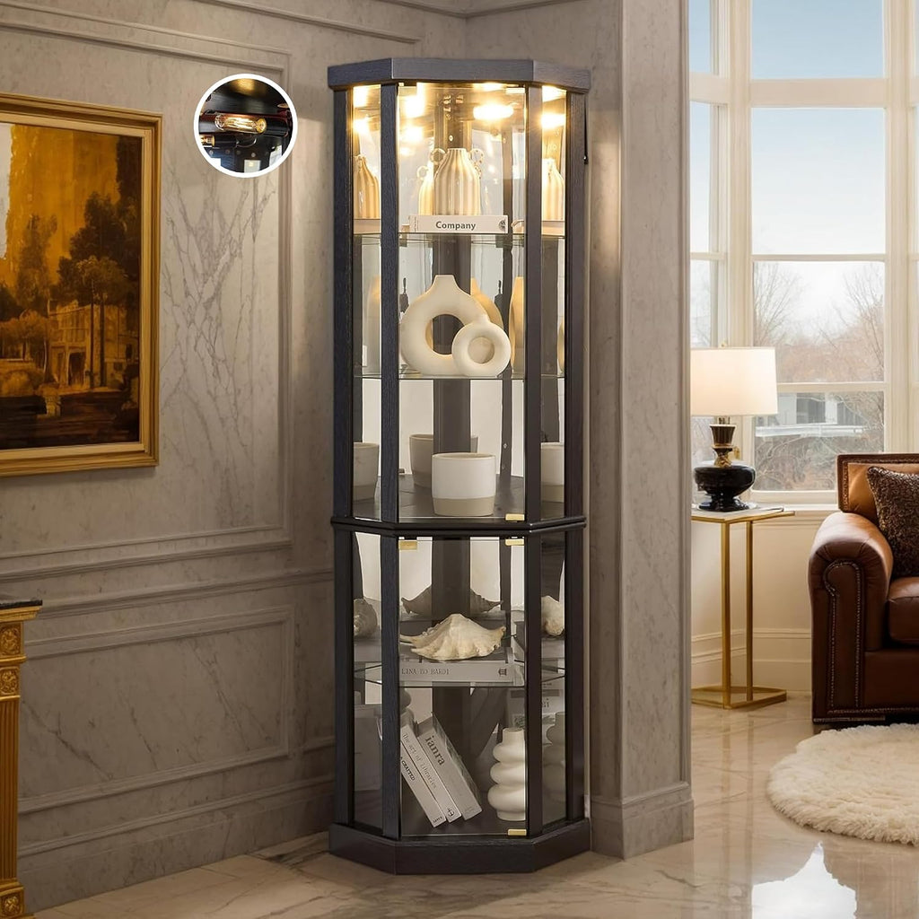 Corner Curio Cabinet, 70' H Lighted Glass Display Cage with Tempered Glass Doors and 5 Adjustable Shelves, Light Bulb Inclued, Wine Bar China Cabinet for Living Room (Black)