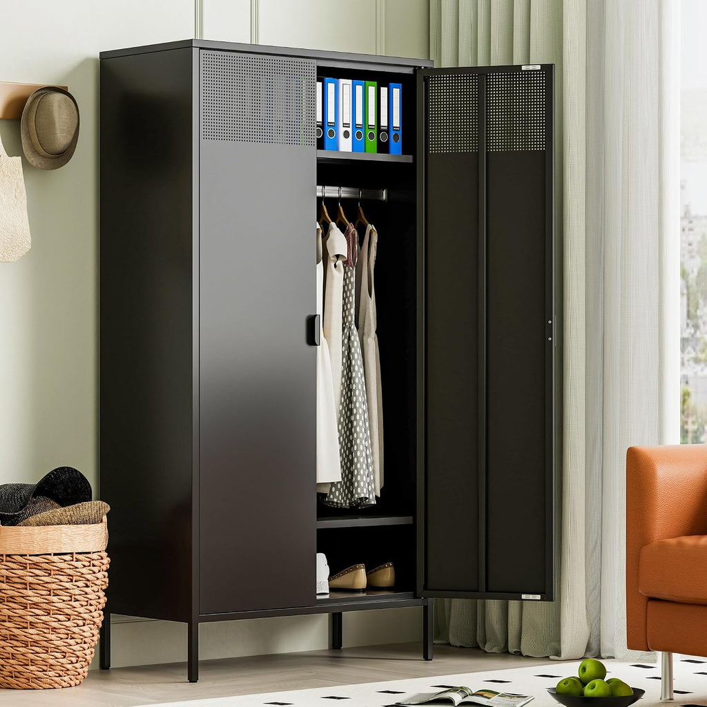 Ustamio 71 Inches Black Metal Wardrobe Cabinet with Hanging Rod, Metal Armoire Wardrobe Closet with Doors for Bedroom, Office, Laundry Room and Changing Room, Metal Locker Cabinet