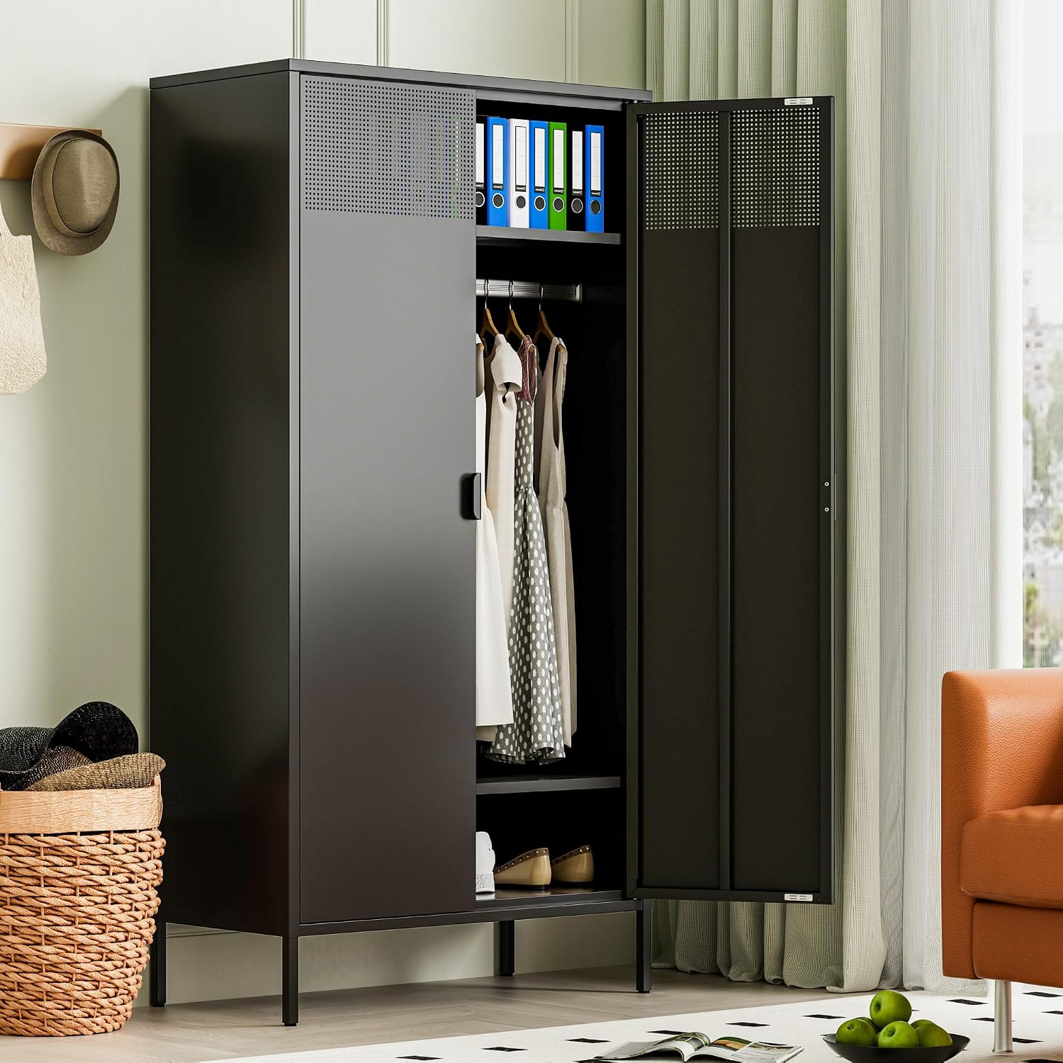 Ustamio 71 Inches Black Metal Wardrobe Cabinet with Hanging Rod, Metal Armoire Wardrobe Closet with Doors for Bedroom, Office, Laundry Room and Changing Room, Metal Locker Cabinet