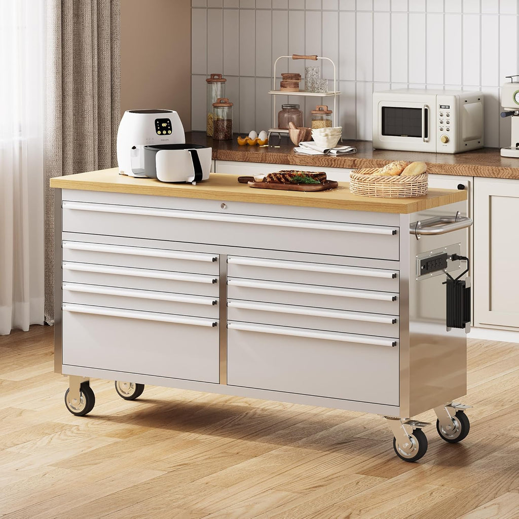 PeakPursuit 61' Rolling Tool Chest with 9 Drawers, Solid Rubber Wood Workbench Top, Locking Wheels & Key Lock, Mobile Garage Tool Cabinet for Workshop Storage & Organization, Silver