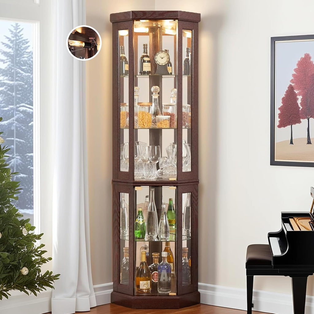 Corner Curio Cabinet, 70' H Lighted Glass Display Cage with Tempered Glass Doors and Adjustable Shelves, Bulb Inclued, Wine Bar China Cabinet for Living Room Liquor Storage (Dark Cherry)