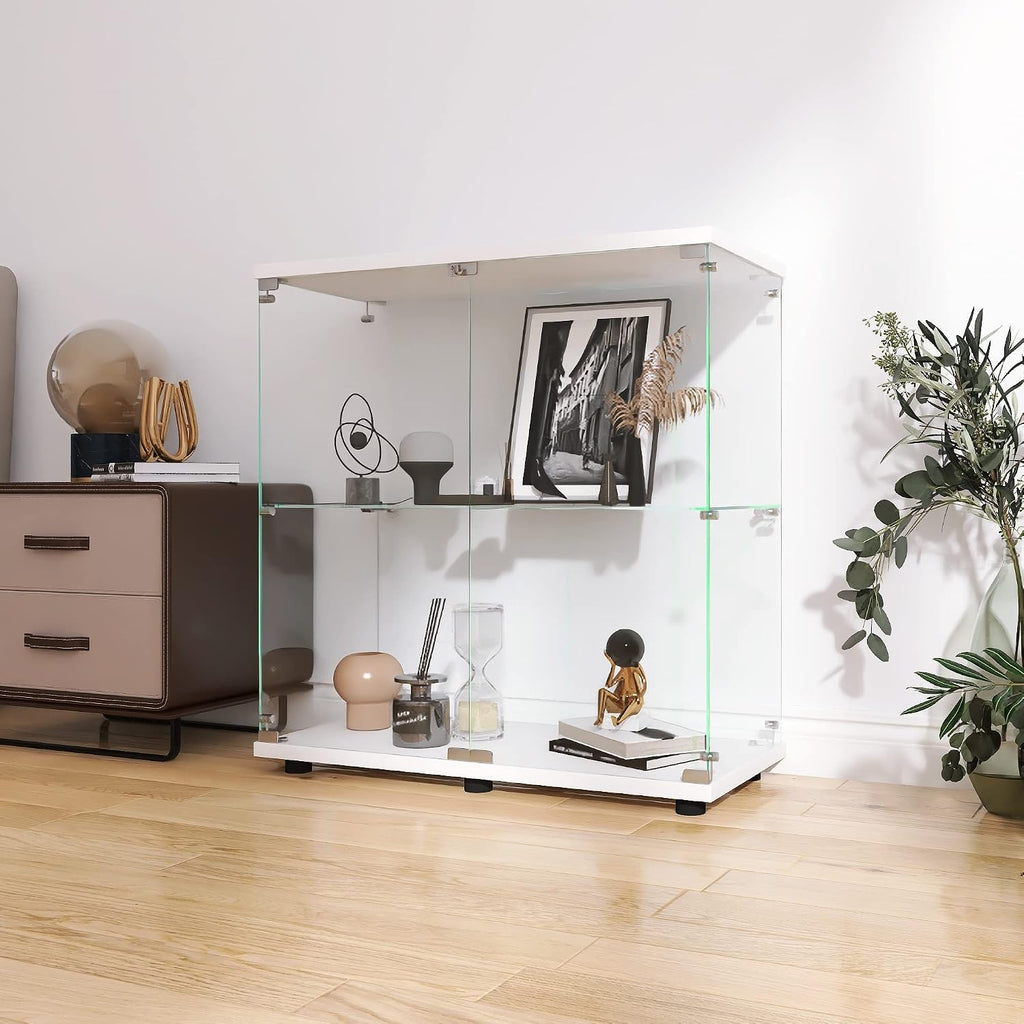 LFT HUIMEI2Y Glass Display Cabinet 2-Shelf with Double Door, Curio Cabinets Fast Installation in 30 Mins, Tempered Glass Floor Standing Bookshelf for Bedroom, Living Room 32.8'x 31.7'x 14.4' White