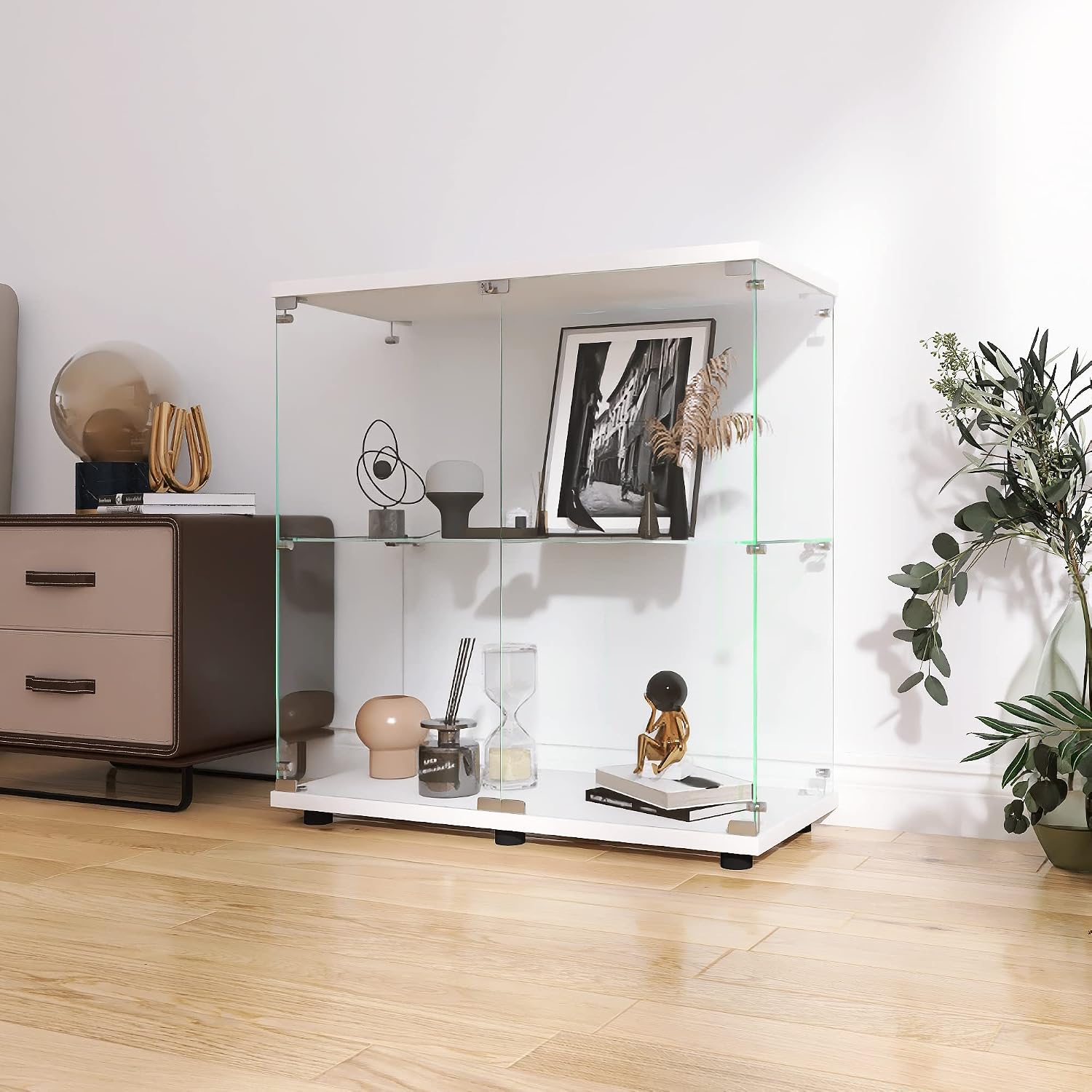 LFT HUIMEI2Y Glass Display Cabinet 2-Shelf with Double Door, Curio Cabinets Fast Installation in 30 Mins, Tempered Glass Floor Standing Bookshelf for Bedroom, Living Room 32.8'x 31.7'x 14.4' White