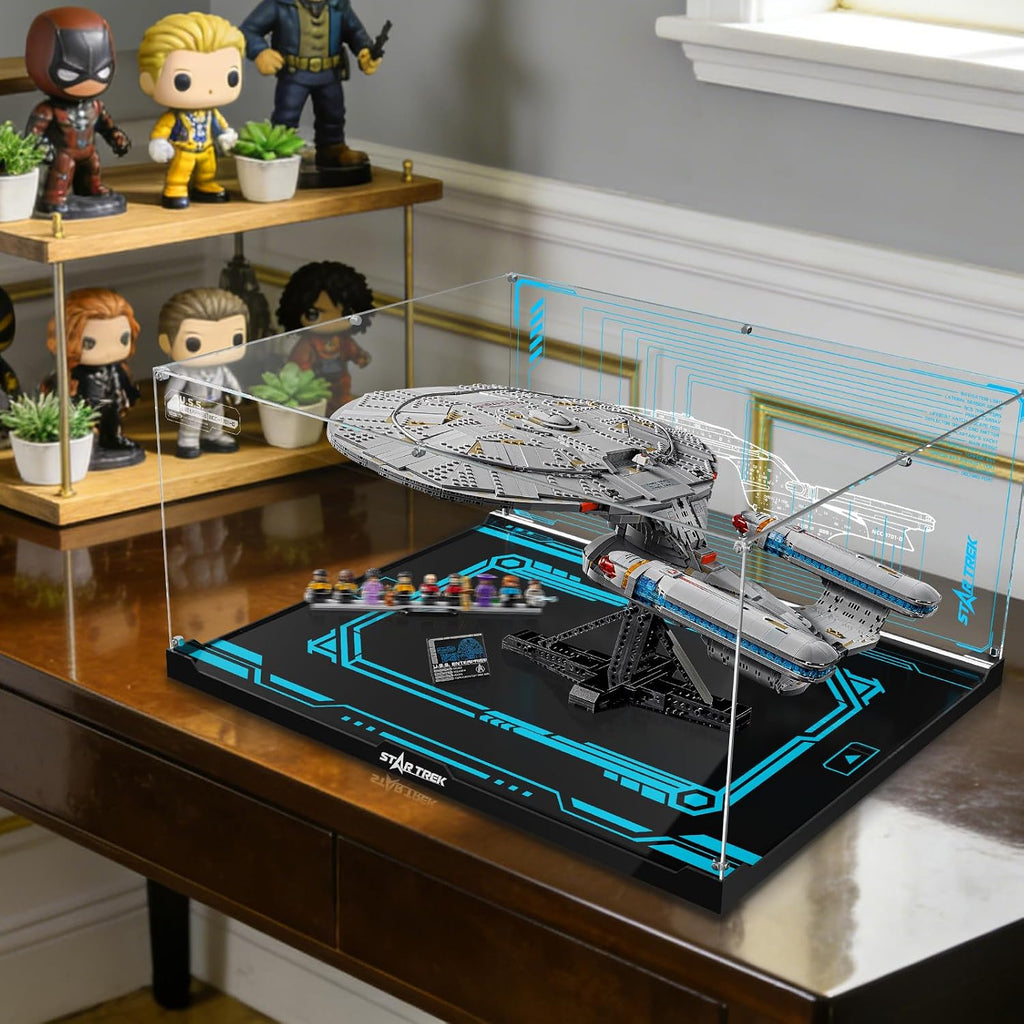 Lighted Display Case for Lego 10356 Star Trek U.S.S. Enterprise, Dustproof Acrylic Showcase with Dimmable Led Light & 360° Clear View - Collector's Edition Stand for Building Sets, Gift for Fans
