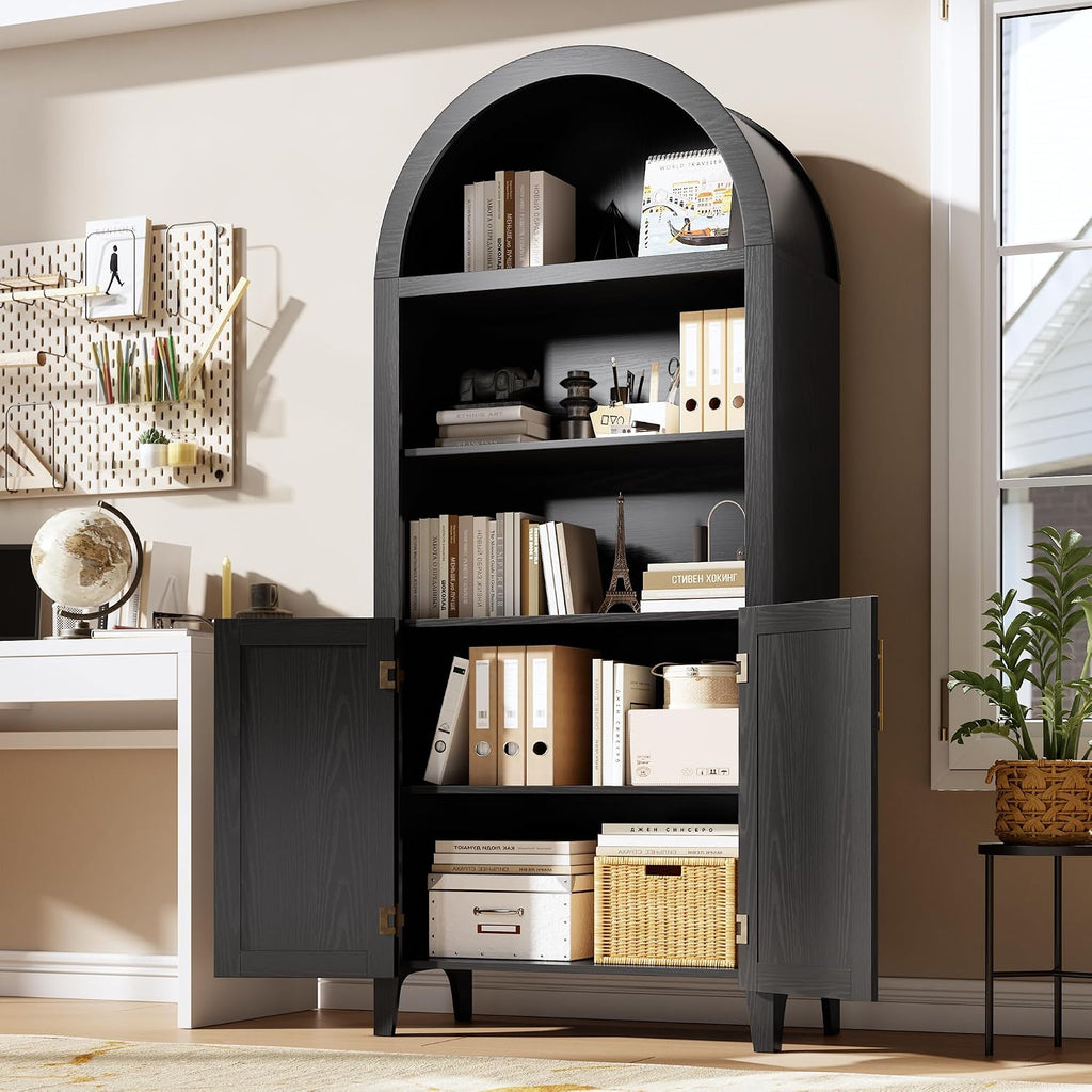 IDEALHOUSE Arched Kitchen Pantry Cabinet with Doors - 5-Tier Open Display Shelf with Rattan Decor, Farmhouse Storage Cabinet for Kitchen, Dining Room, Living Room, Black