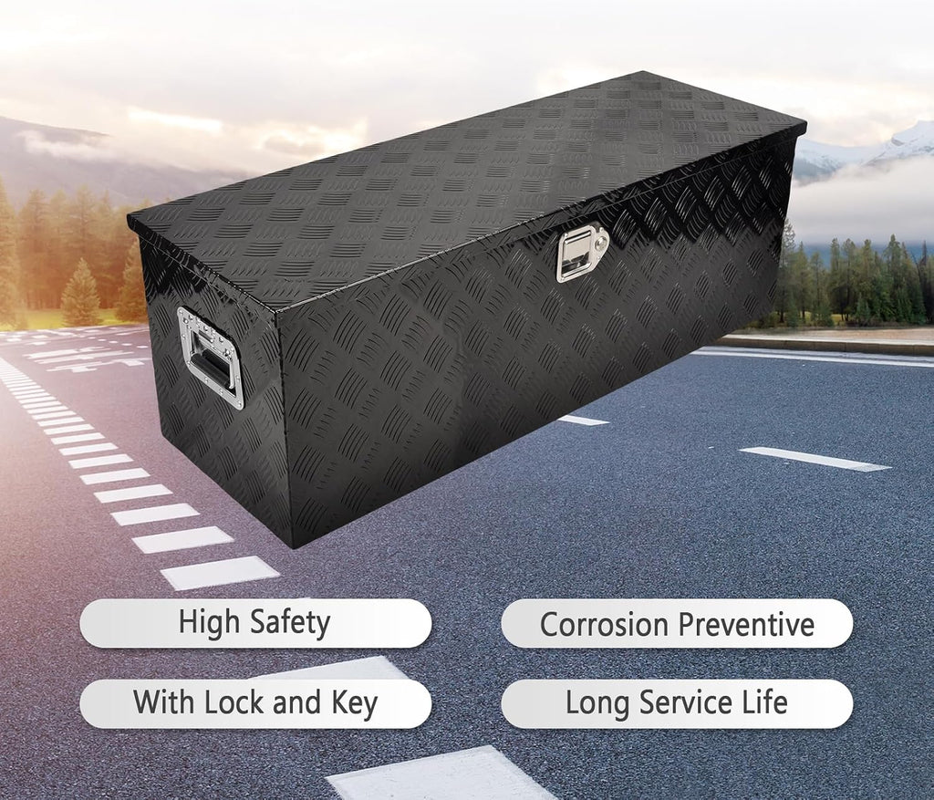 44 Inch Heavy Duty Aluminum Truck Tool Box Pick Up Truck Bed RV Trailer Toolbox Storage Organizer with Side Handle, Lock & Keys，Black,5 Bar Tread 44'(L) X15''(W) X15(H) Storage Box