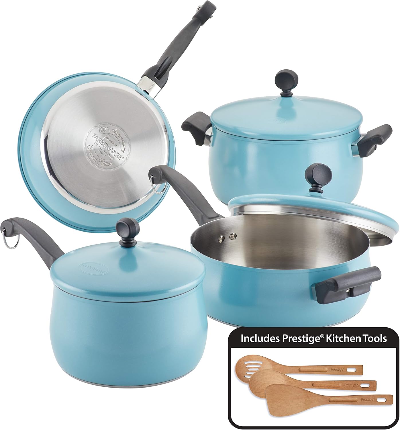 Farberware 120 Limited Edition Stainless Steel Cookware Pots and Pans Set with Prestige Kitchen Tools, 10 Piece, Aqua Blue