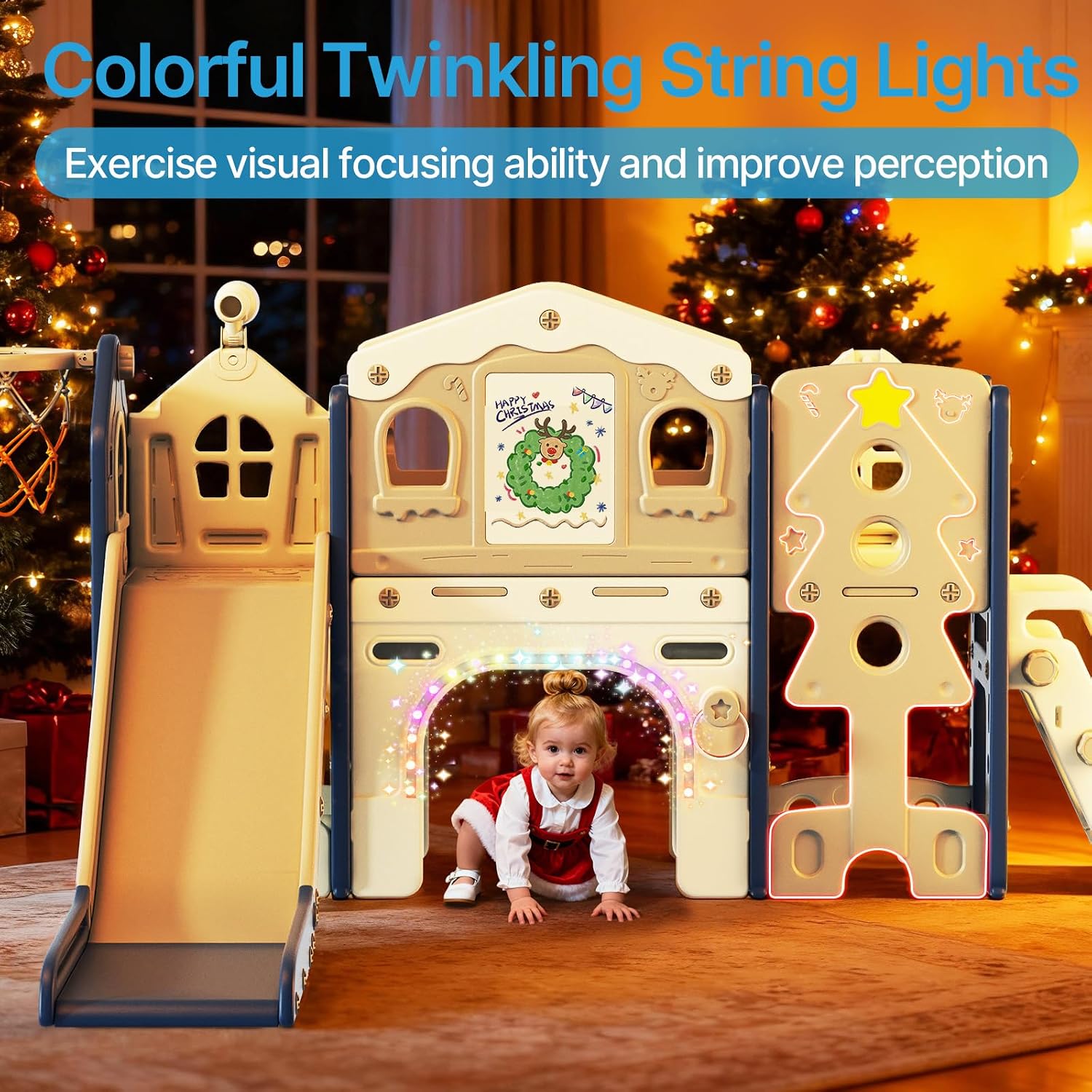 BIERUM 10 in 1 Toddler Slide Set - Baby Slide for Toddlers 1-3 with Colorful Lights, Drawing Board and Building Blocks Board, Indoor Outdoor Toddler Playset Playground, Blue Gray