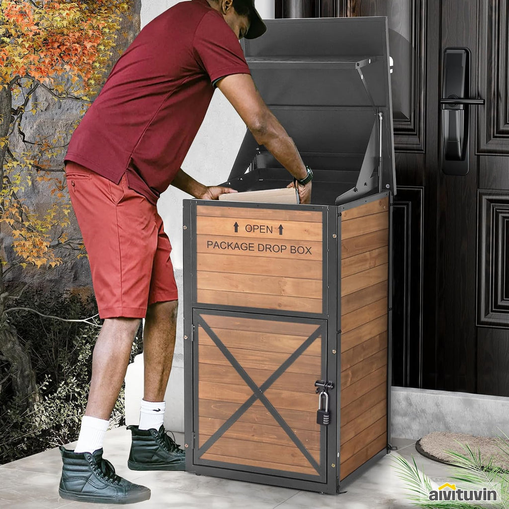 Aivituvin Package Delivery Box for Outside with Combination Lock | solid wood-iron frame, weatherproof, 10'x18'x18' parcel fit, one-way slot, lockable porch storage